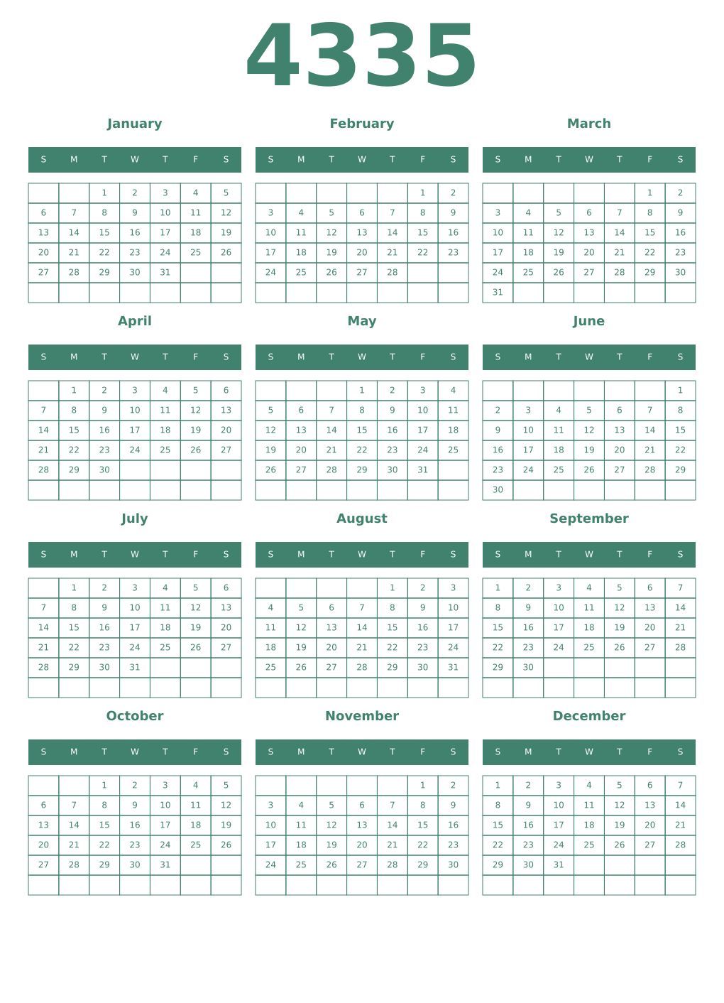 Printable 4335 Year Calendars viridian