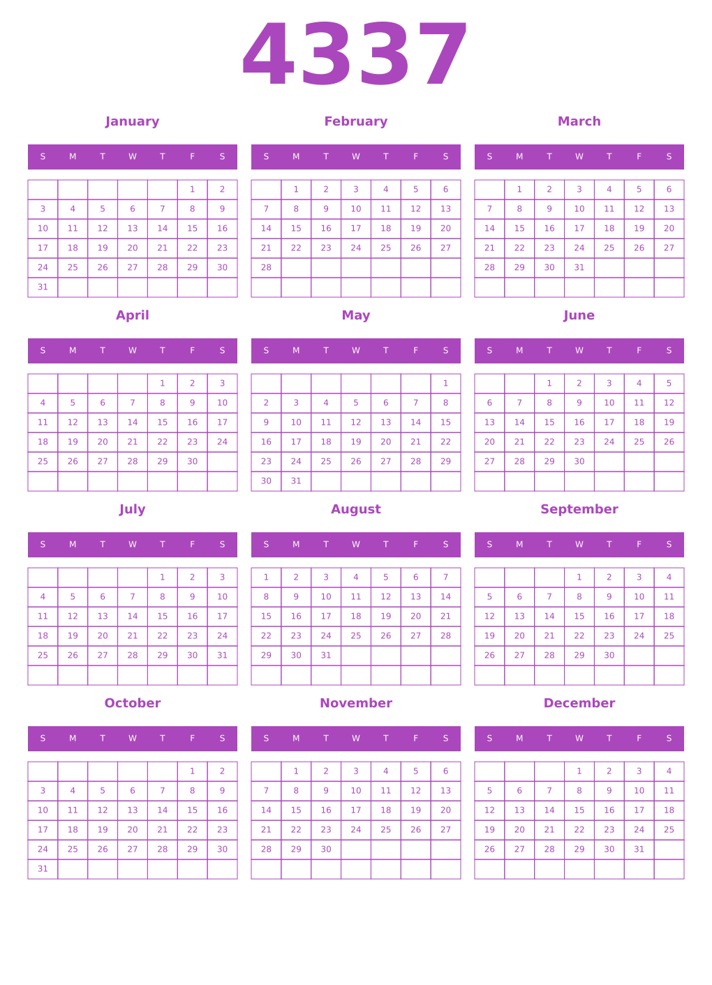 Printable 4337 Calendars