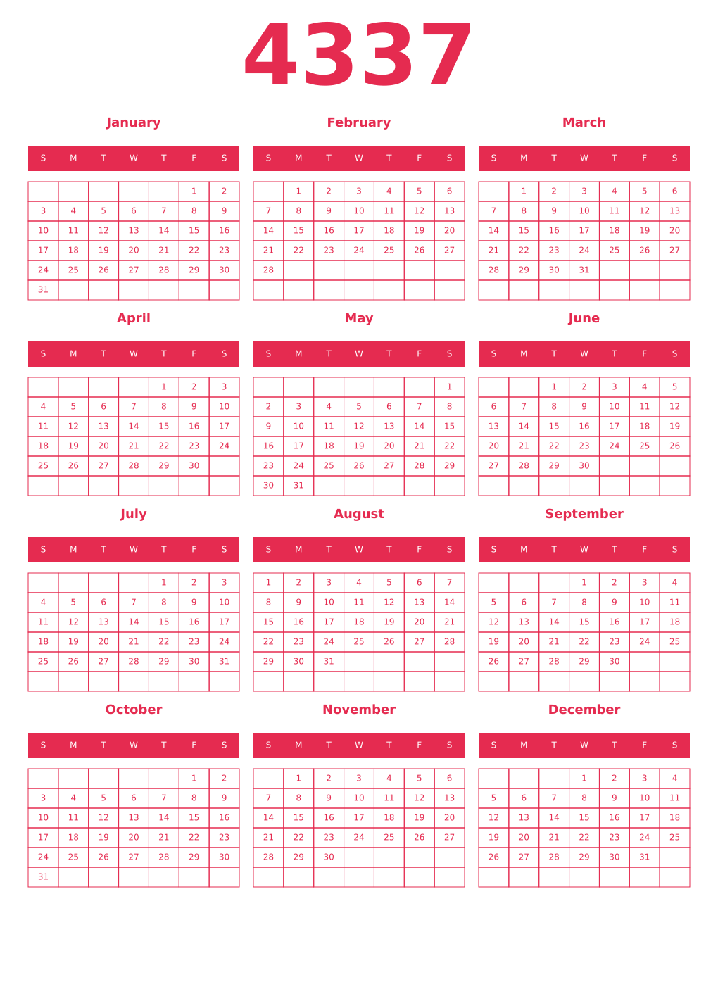 Printable 4337 Year Calendars amaranth