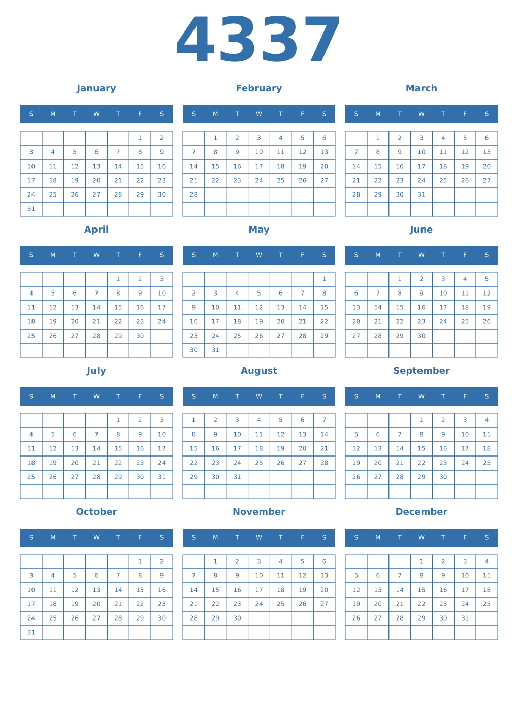 Printable 4337 Year Calendars blue