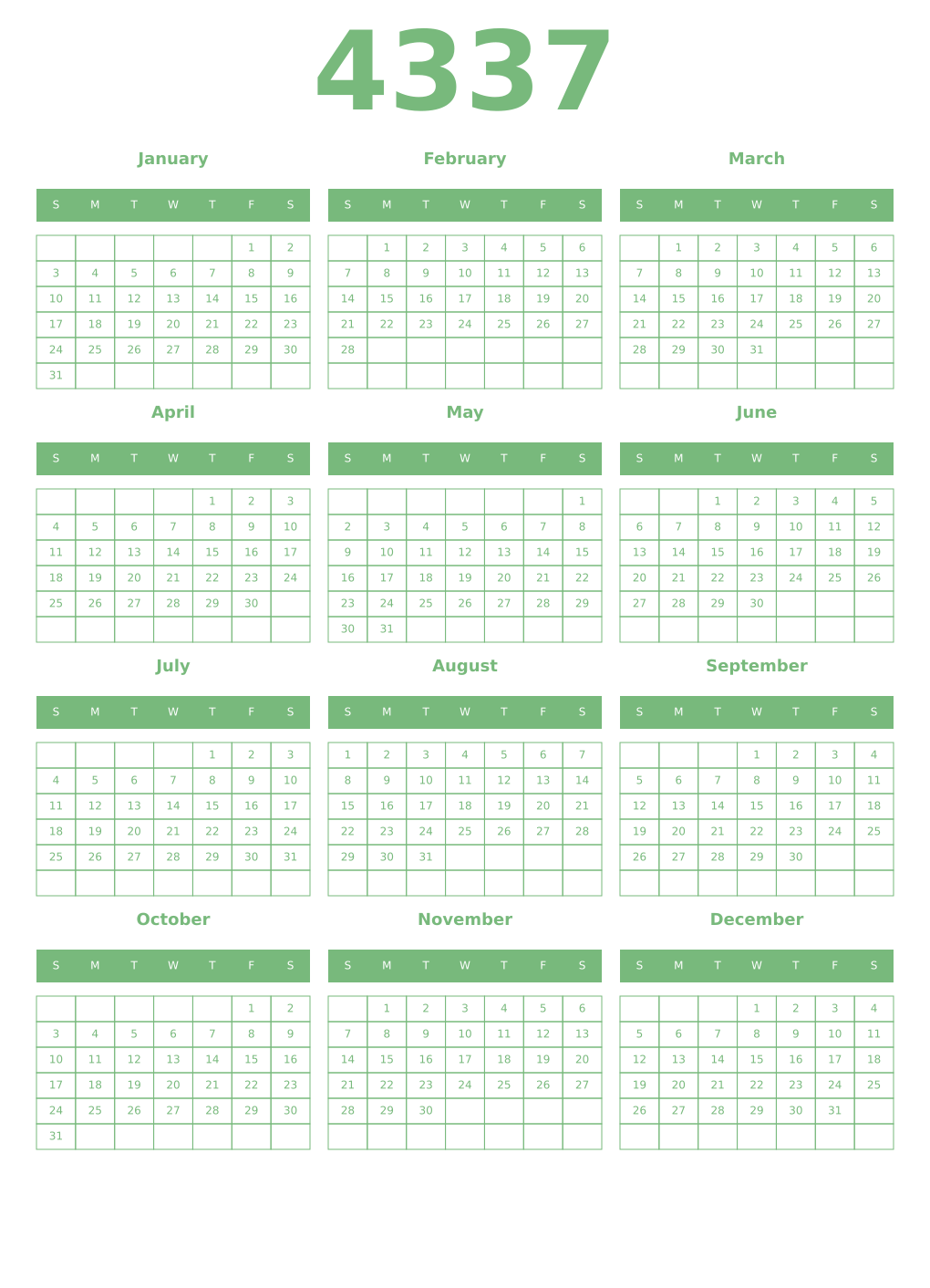 Printable 4337 Year Calendars celadon