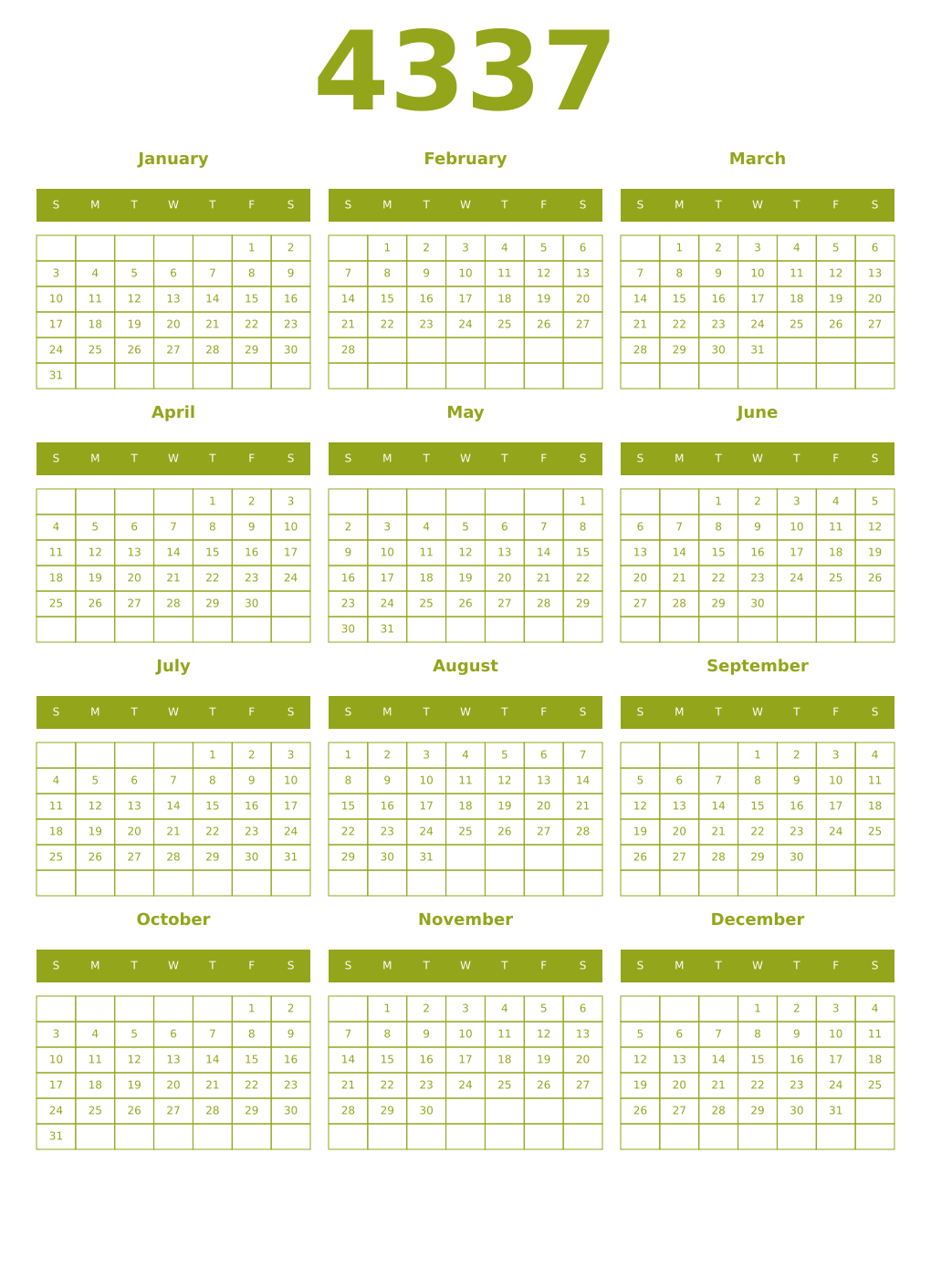 Printable 4337 Year Calendars chartreuse