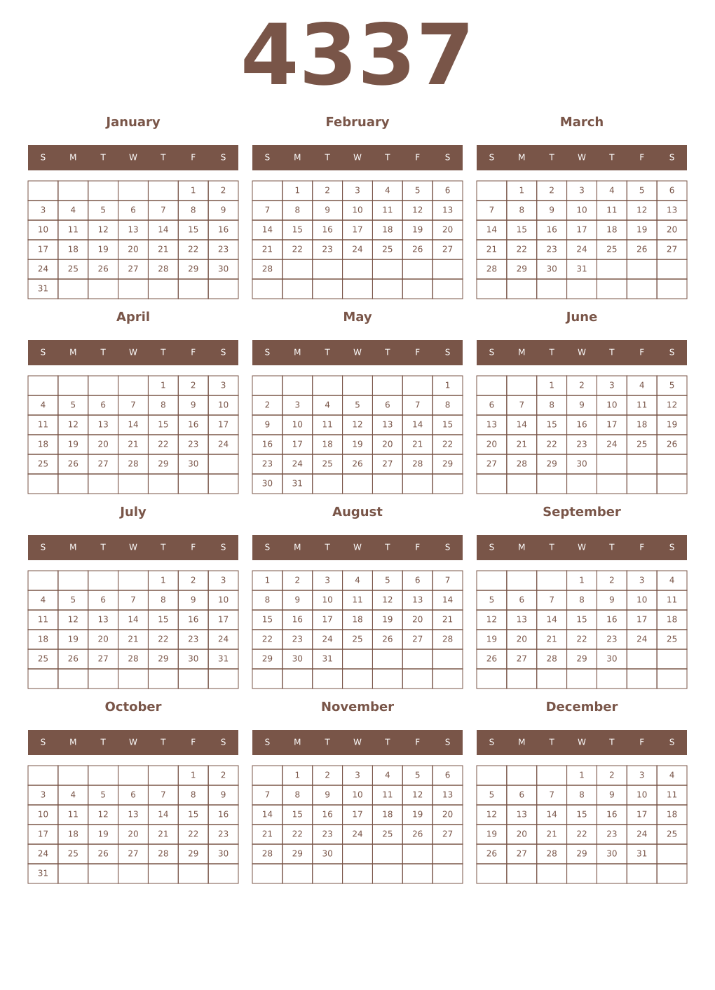Printable 4337 Year Calendars coffe