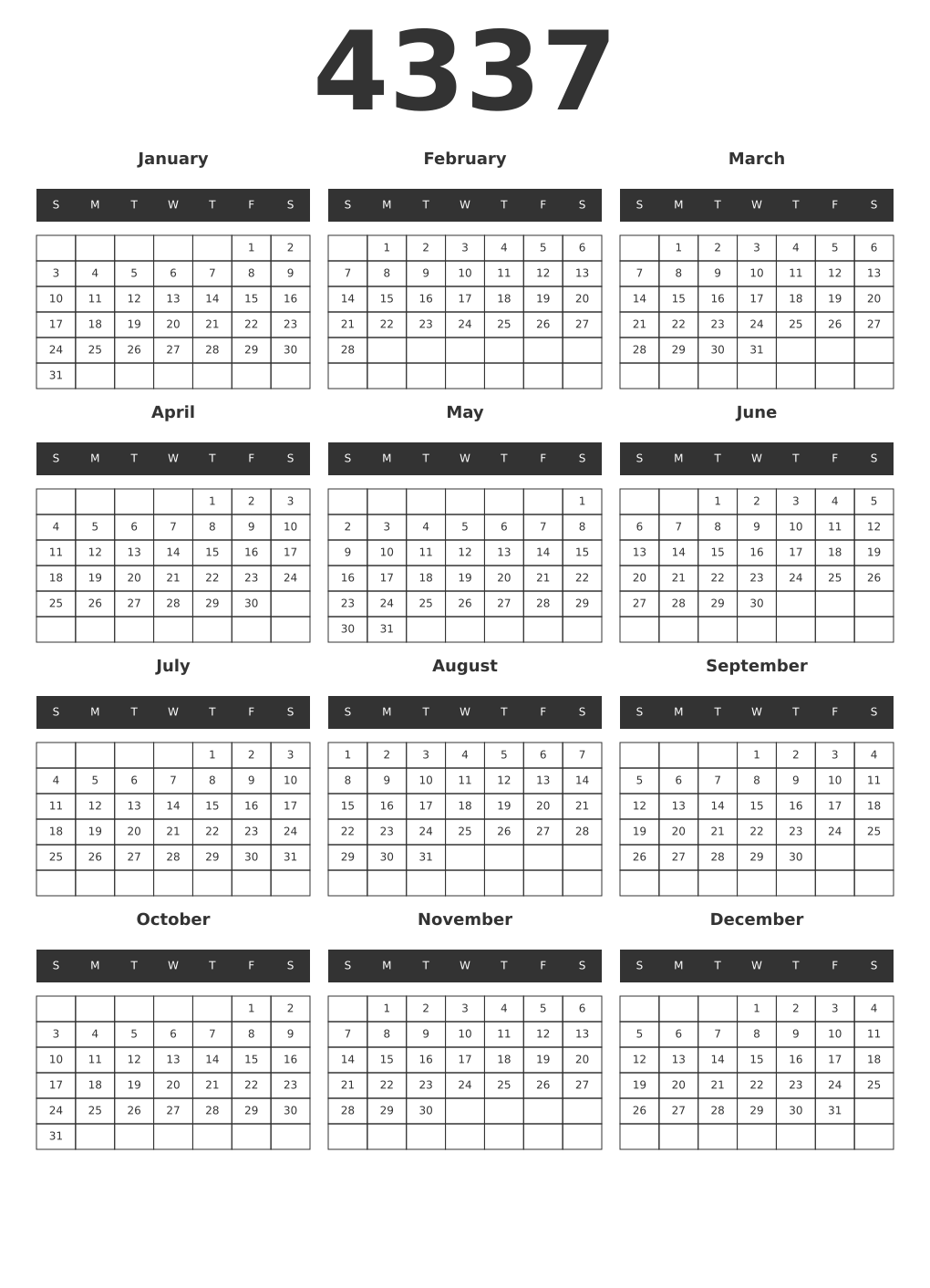 Printable 4337 Year Calendars dark