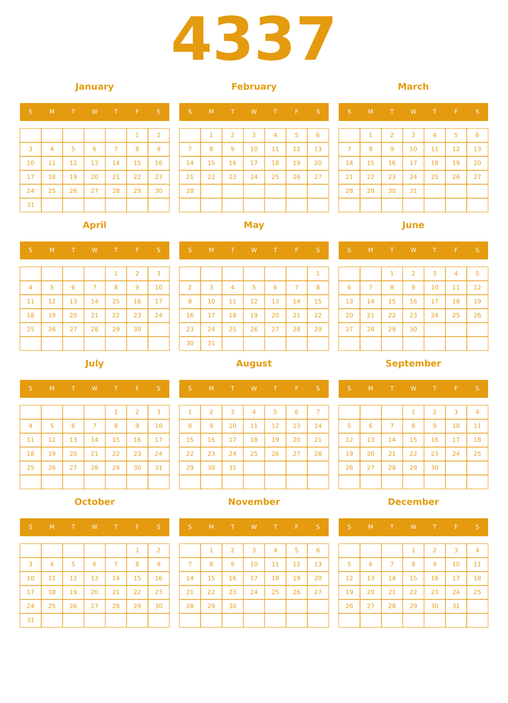 Printable 4337 Year Calendars gamboge