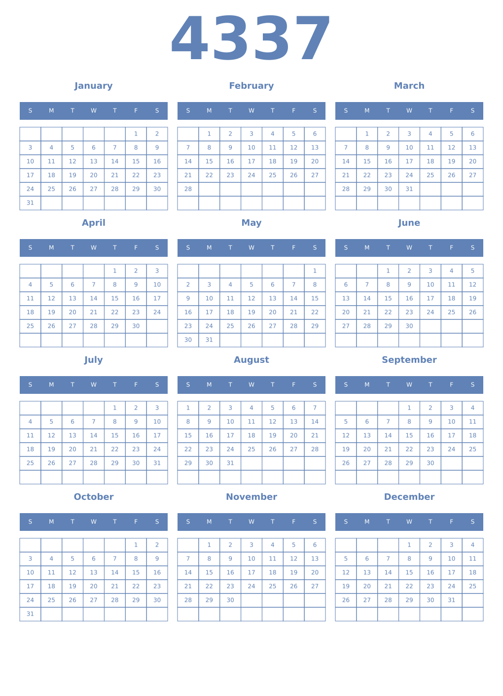 Printable 4337 Year Calendars glaucous
