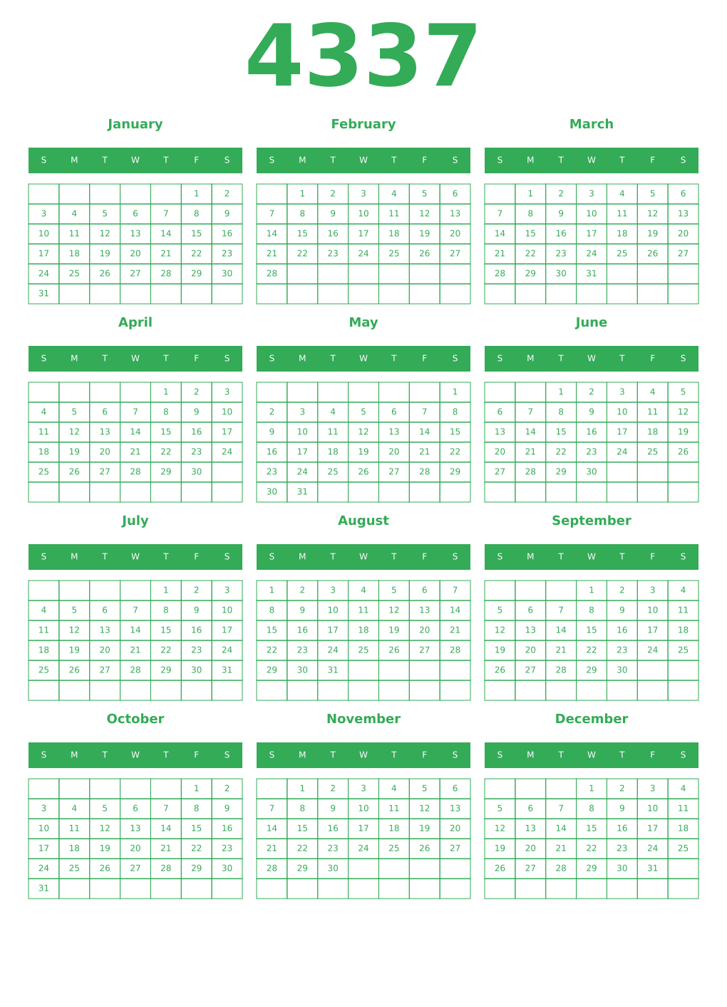 Printable 4337 Year Calendars green