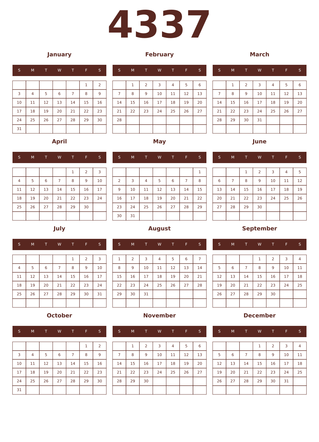 Printable 4337 Year Calendars mortuum