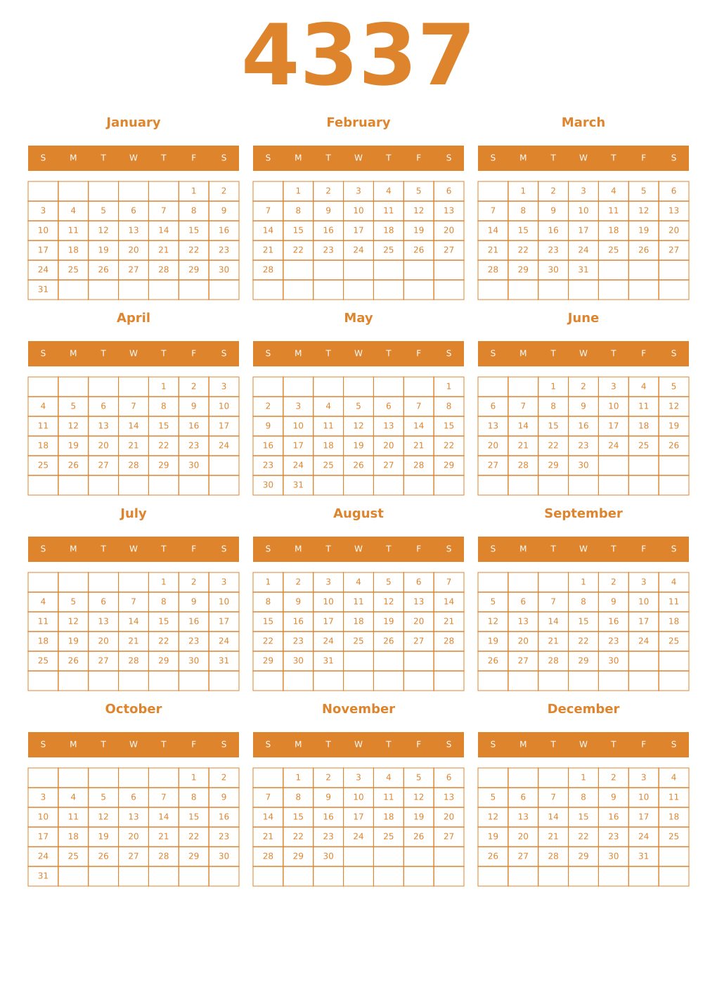 Printable 4337 Year Calendars orange