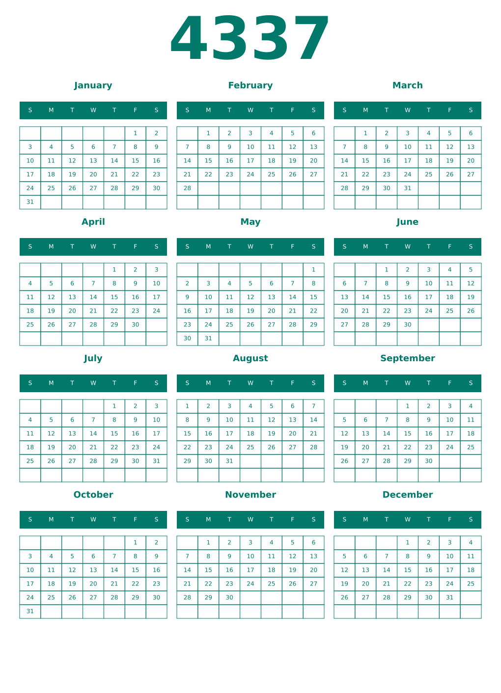 Printable 4337 Year Calendars pastel