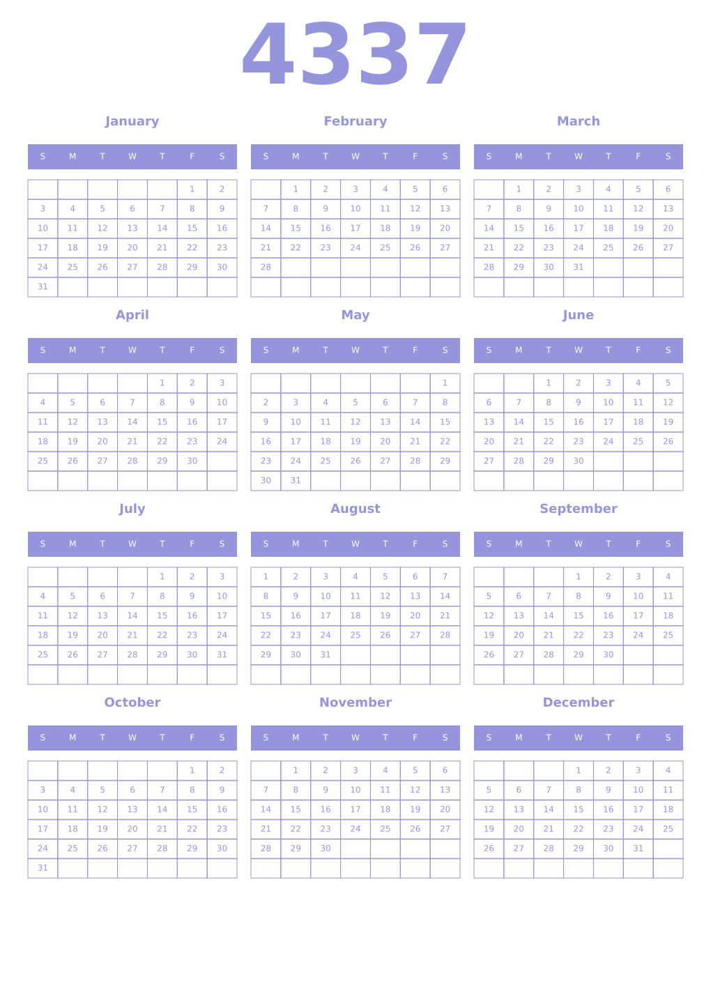 Printable 4337 Year Calendars periwinkle