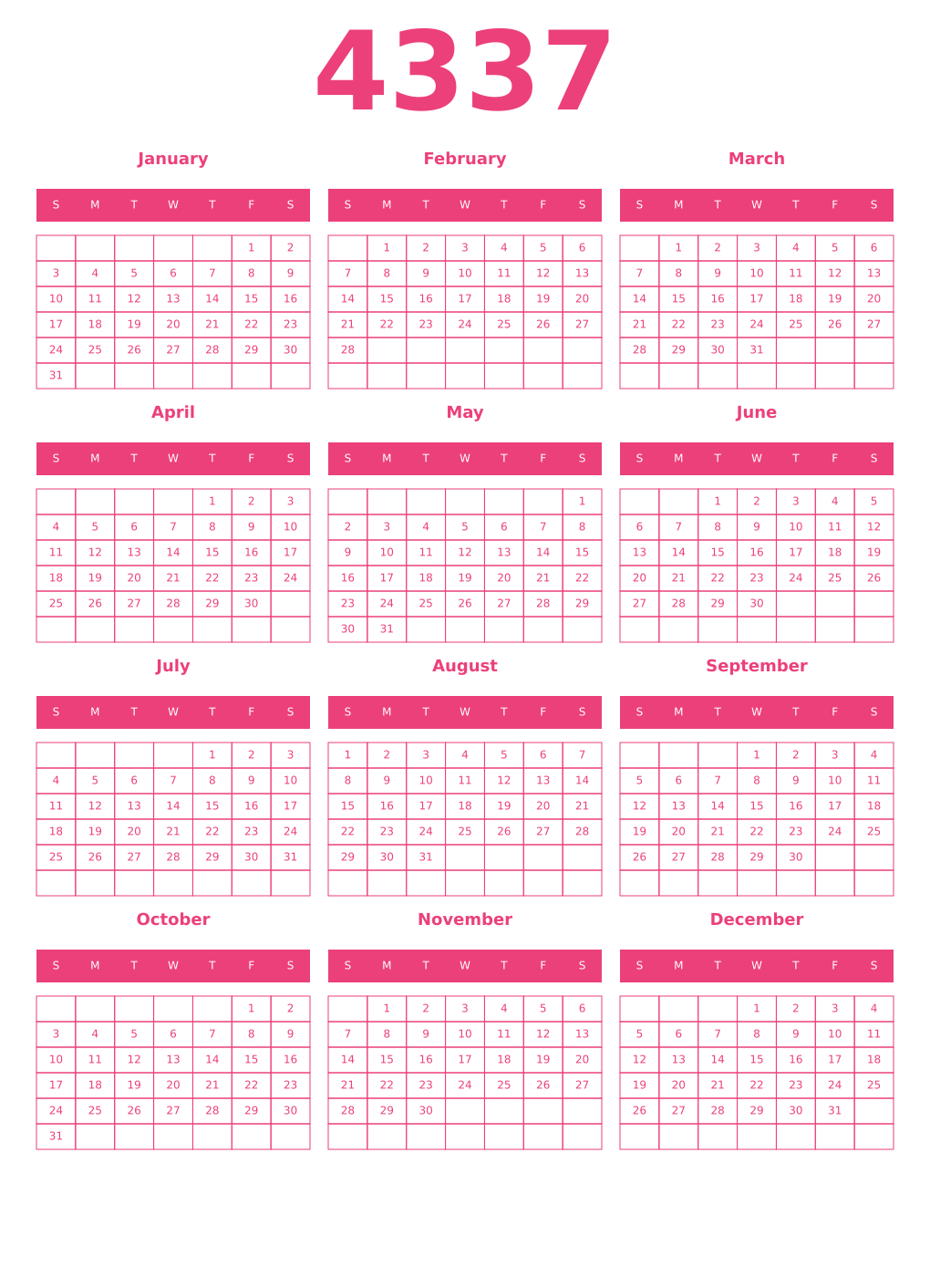 Printable 4337 Year Calendars pink