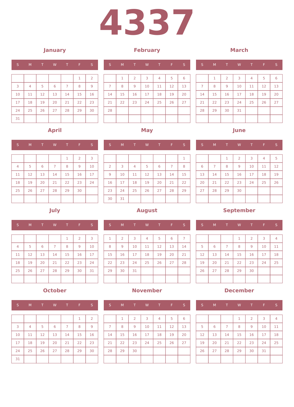 Printable 4337 Year Calendars puce