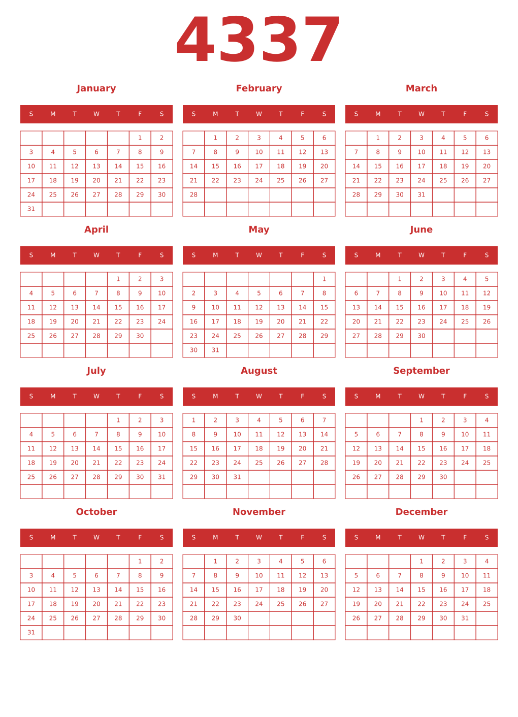 Printable 4337 Year Calendars red