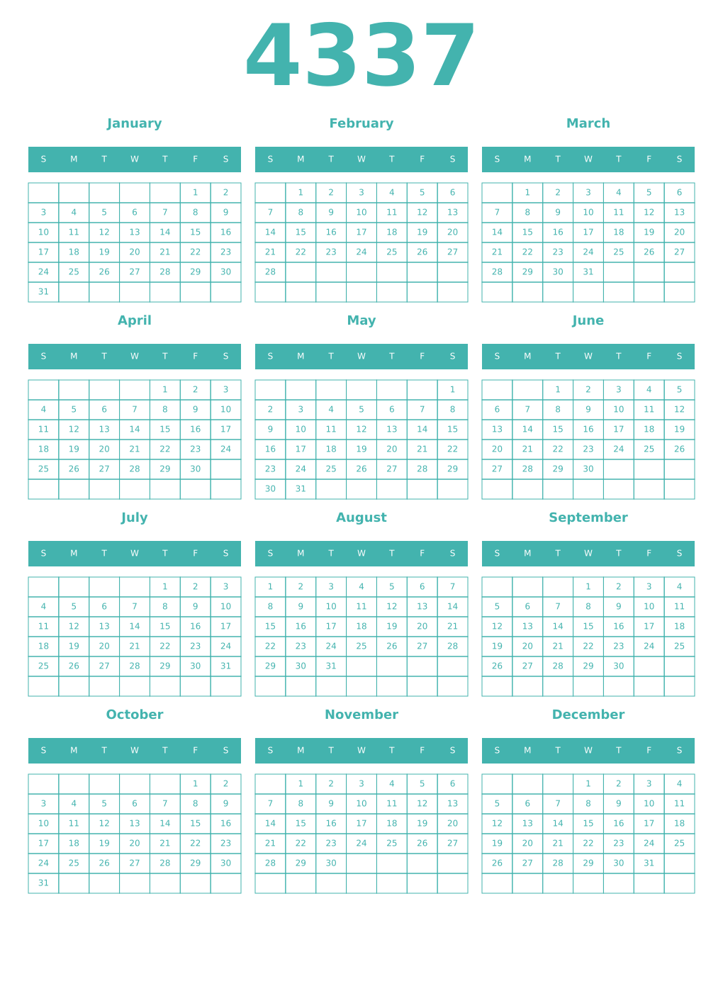 Printable 4337 Year Calendars verdigris