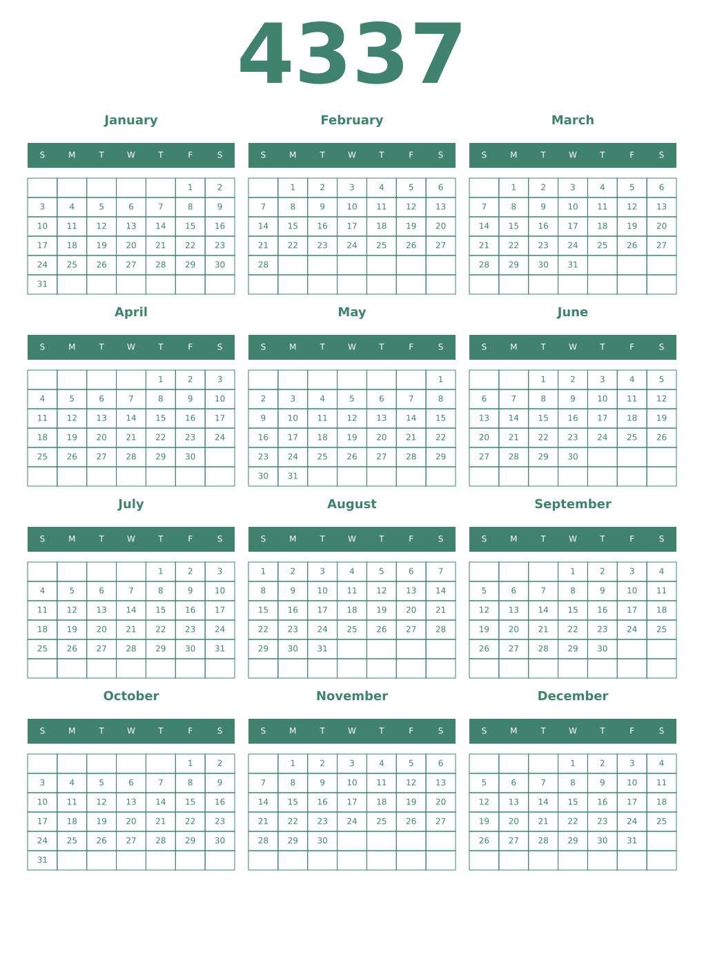 Printable 4337 Year Calendars viridian