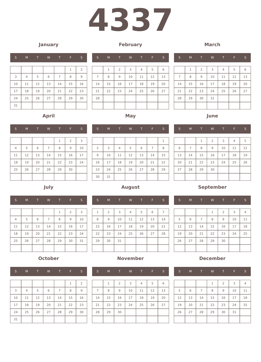 Printable 4337 Year Calendars wenge