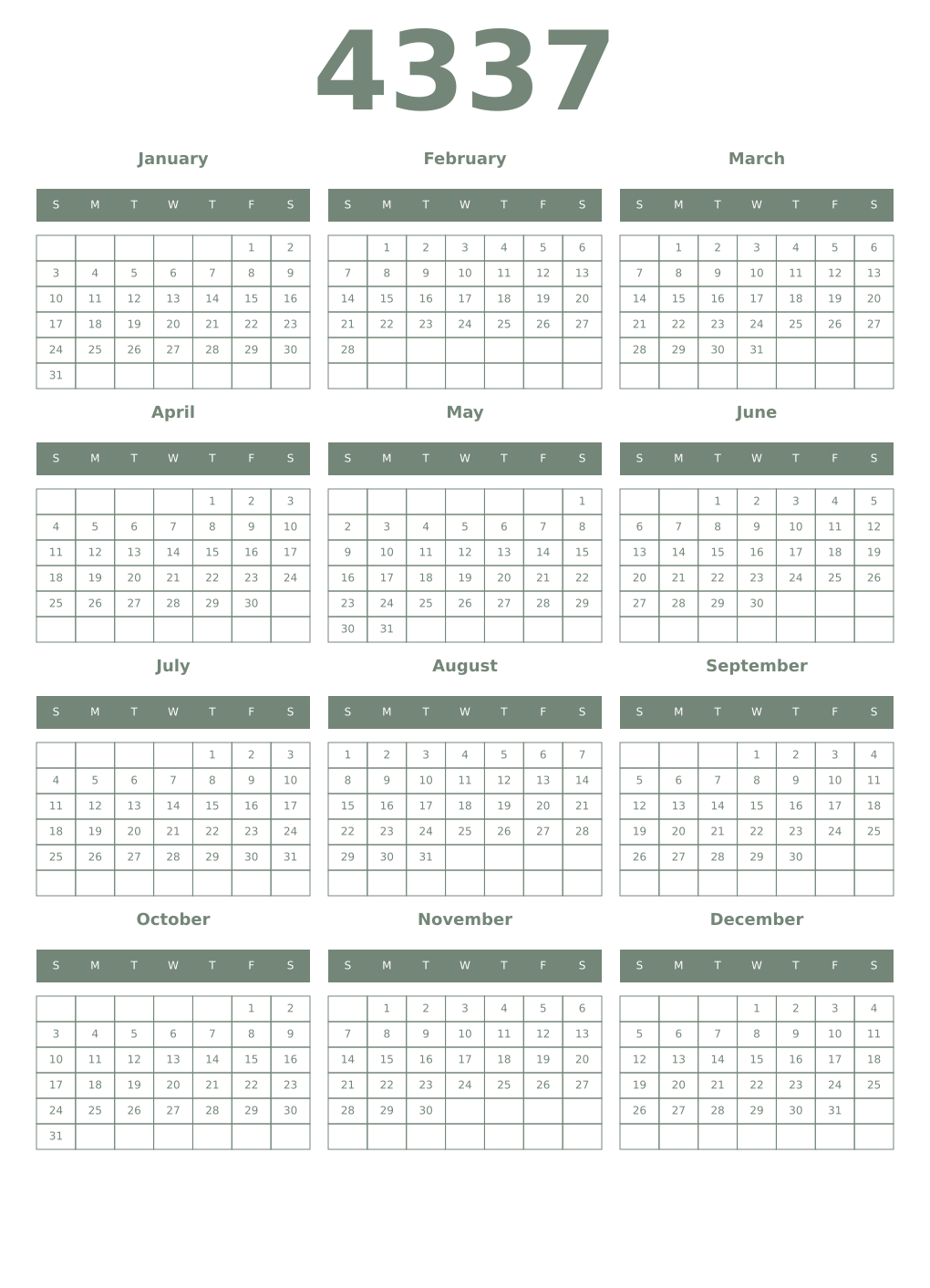 Printable 4337 Year Calendars xanadu