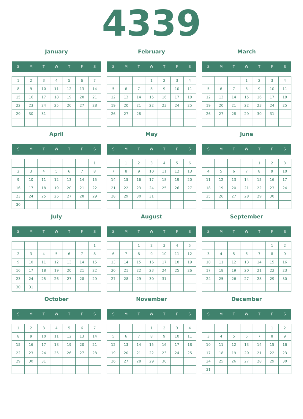Printable 4339 Year Calendars viridian