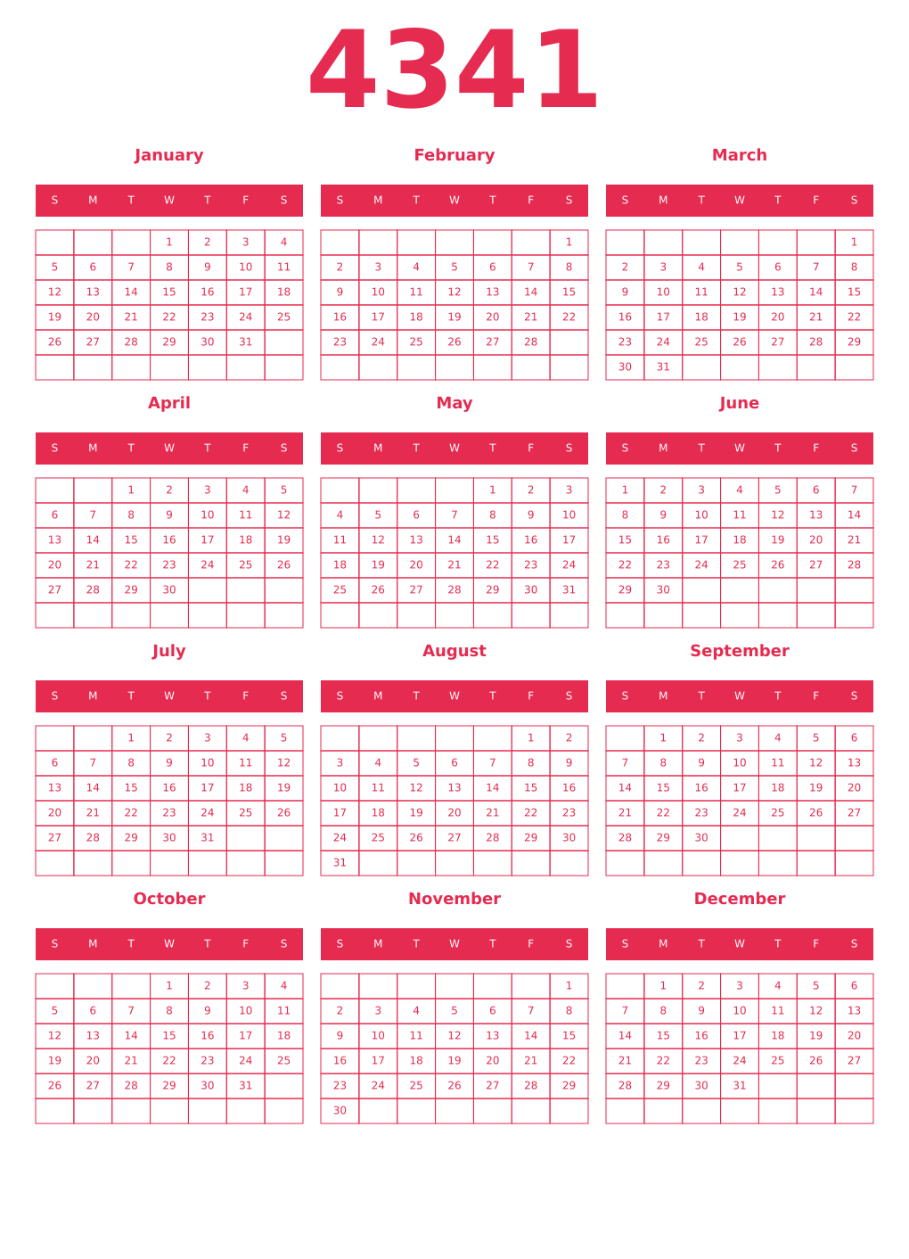 Printable 4341 Year Calendars amaranth
