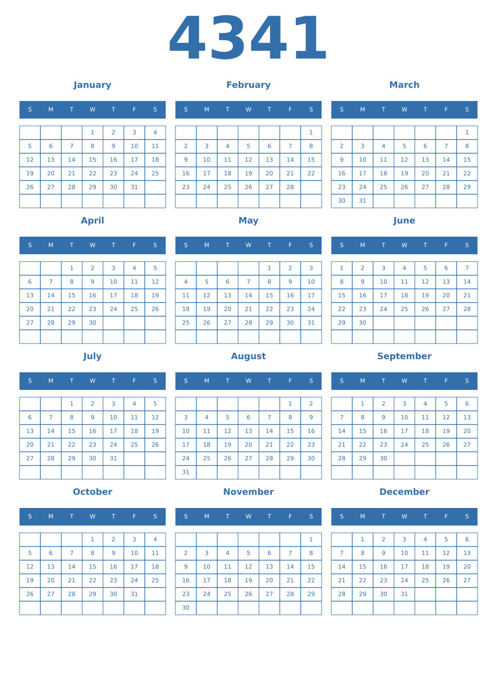 Printable 4341 Year Calendars blue