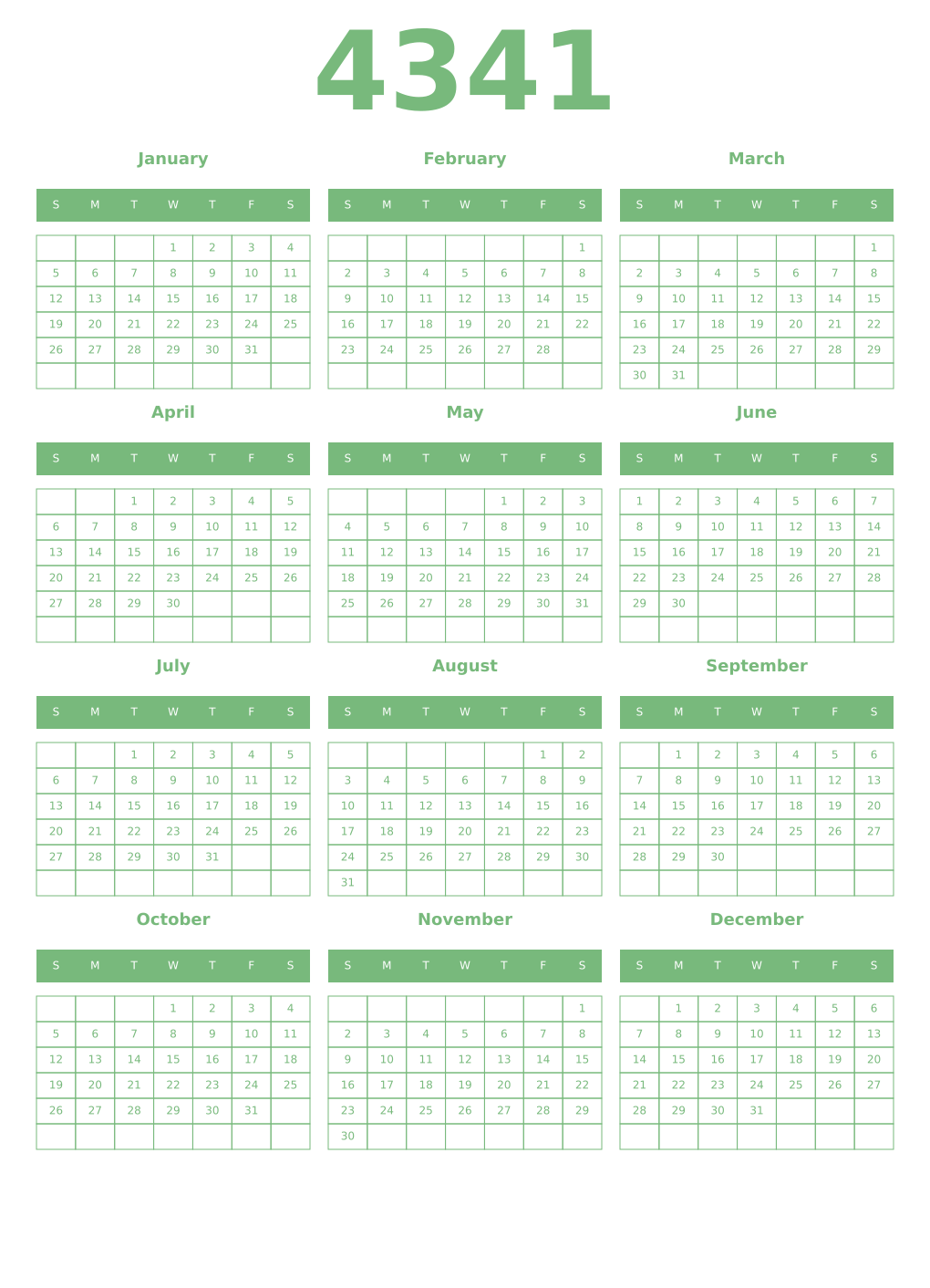 Printable 4341 Year Calendars celadon