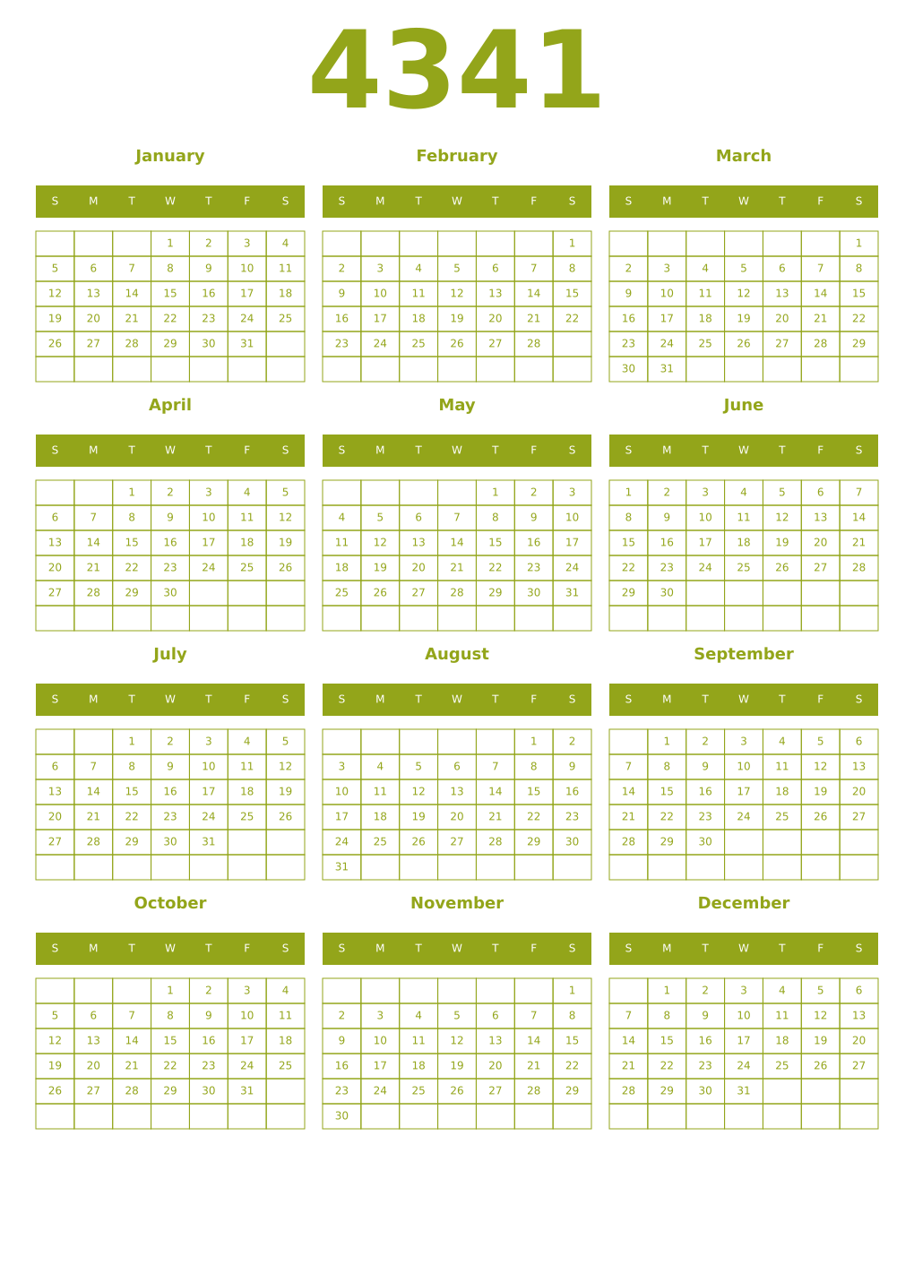 Printable 4341 Year Calendars chartreuse