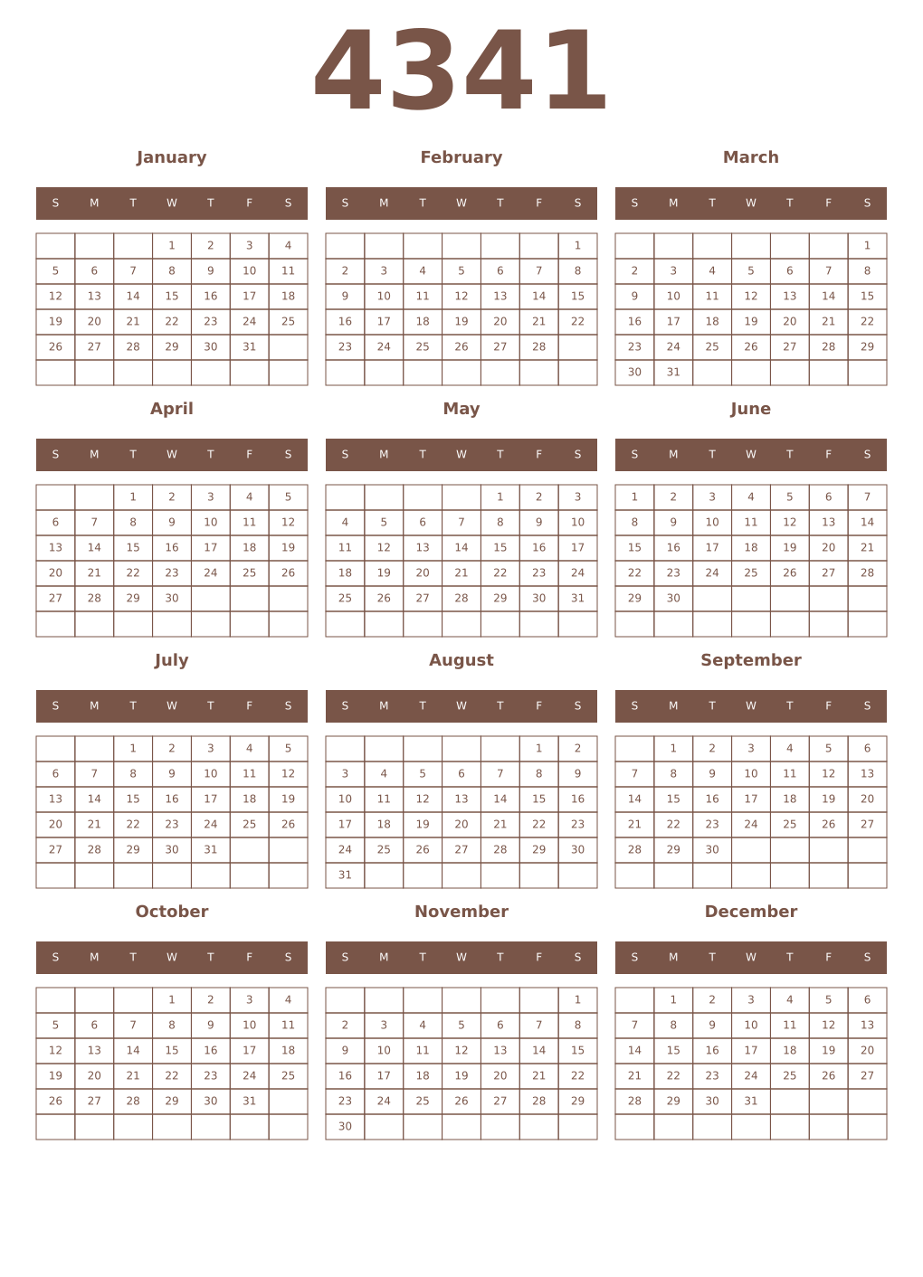 Printable 4341 Year Calendars coffe