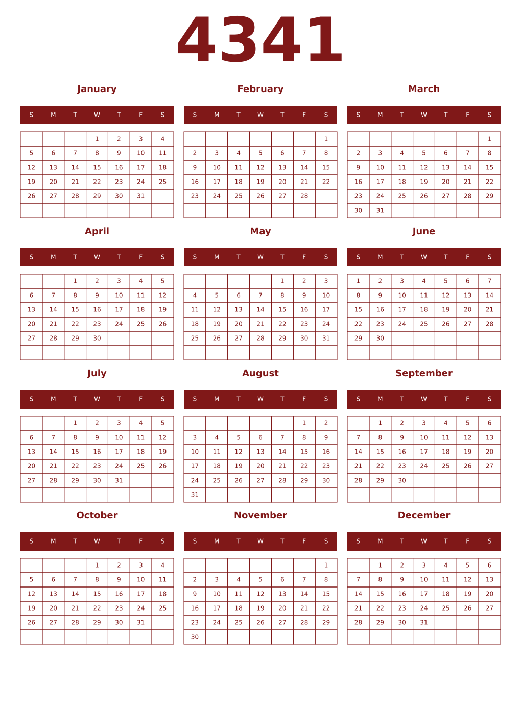 Printable 4341 Year Calendars falu