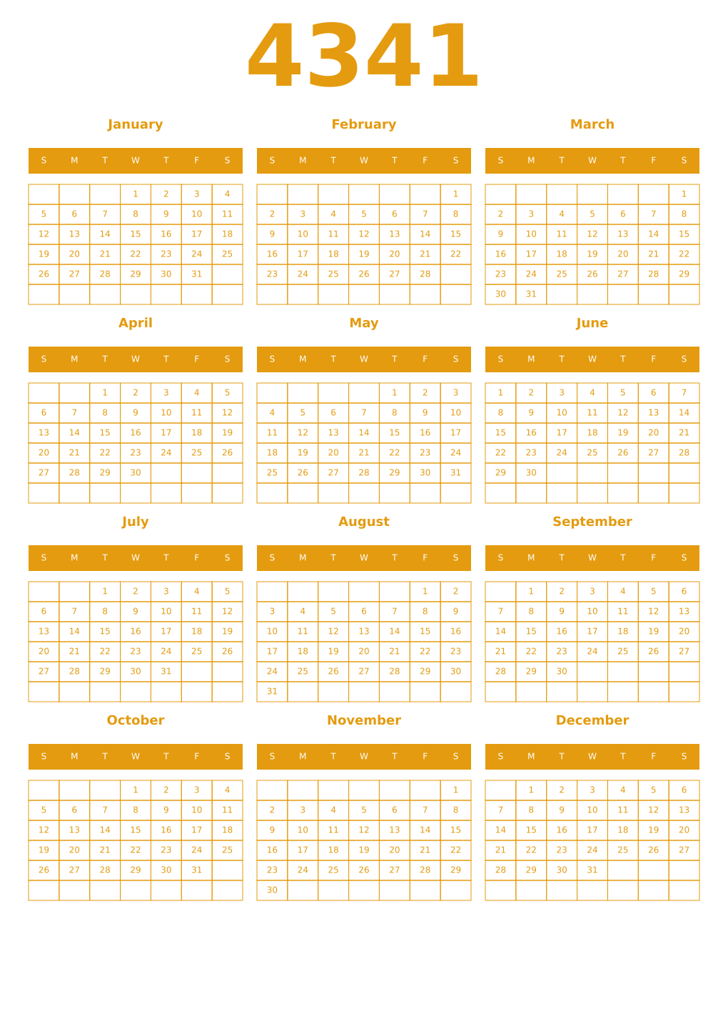 Printable 4341 Year Calendars gamboge