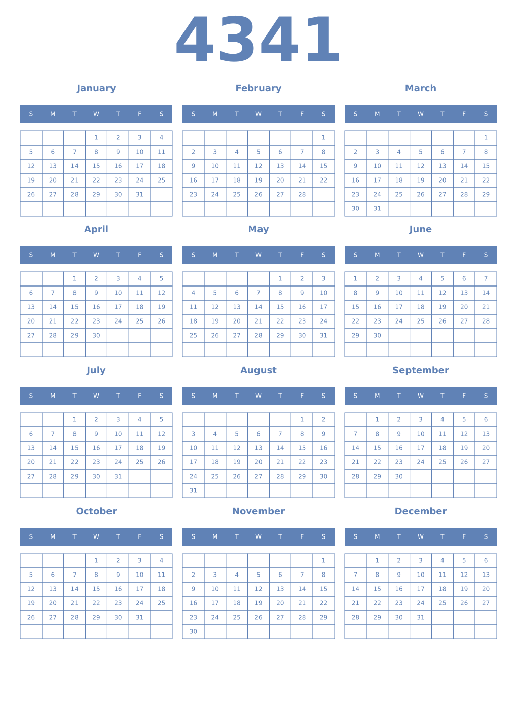 Printable 4341 Year Calendars glaucous