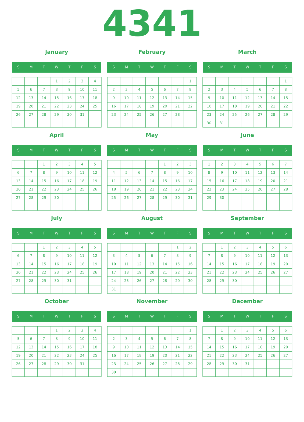 Printable 4341 Year Calendars green