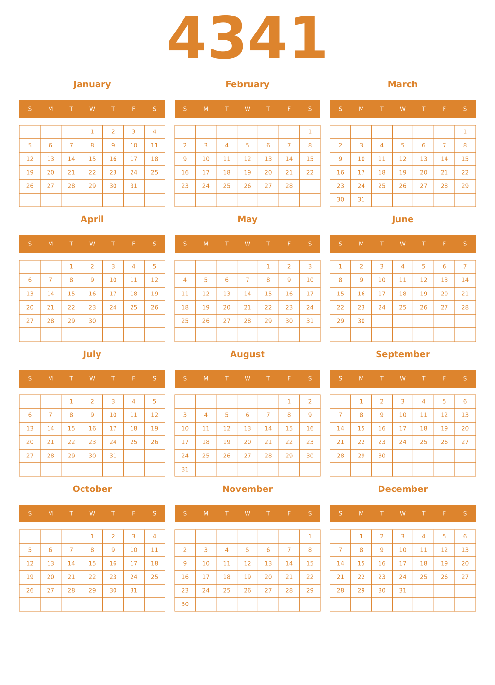Printable 4341 Year Calendars orange