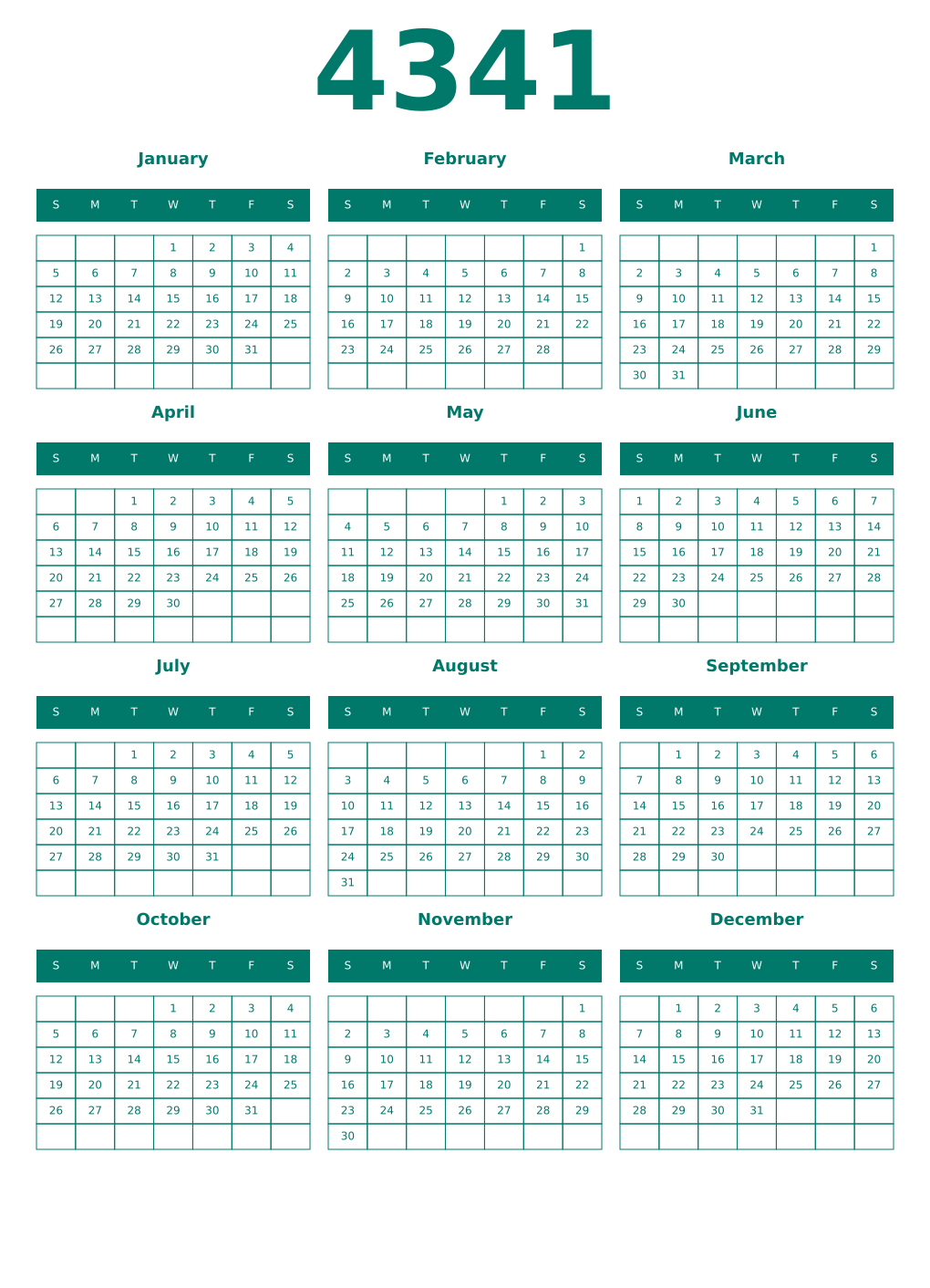 Printable 4341 Year Calendars pastel