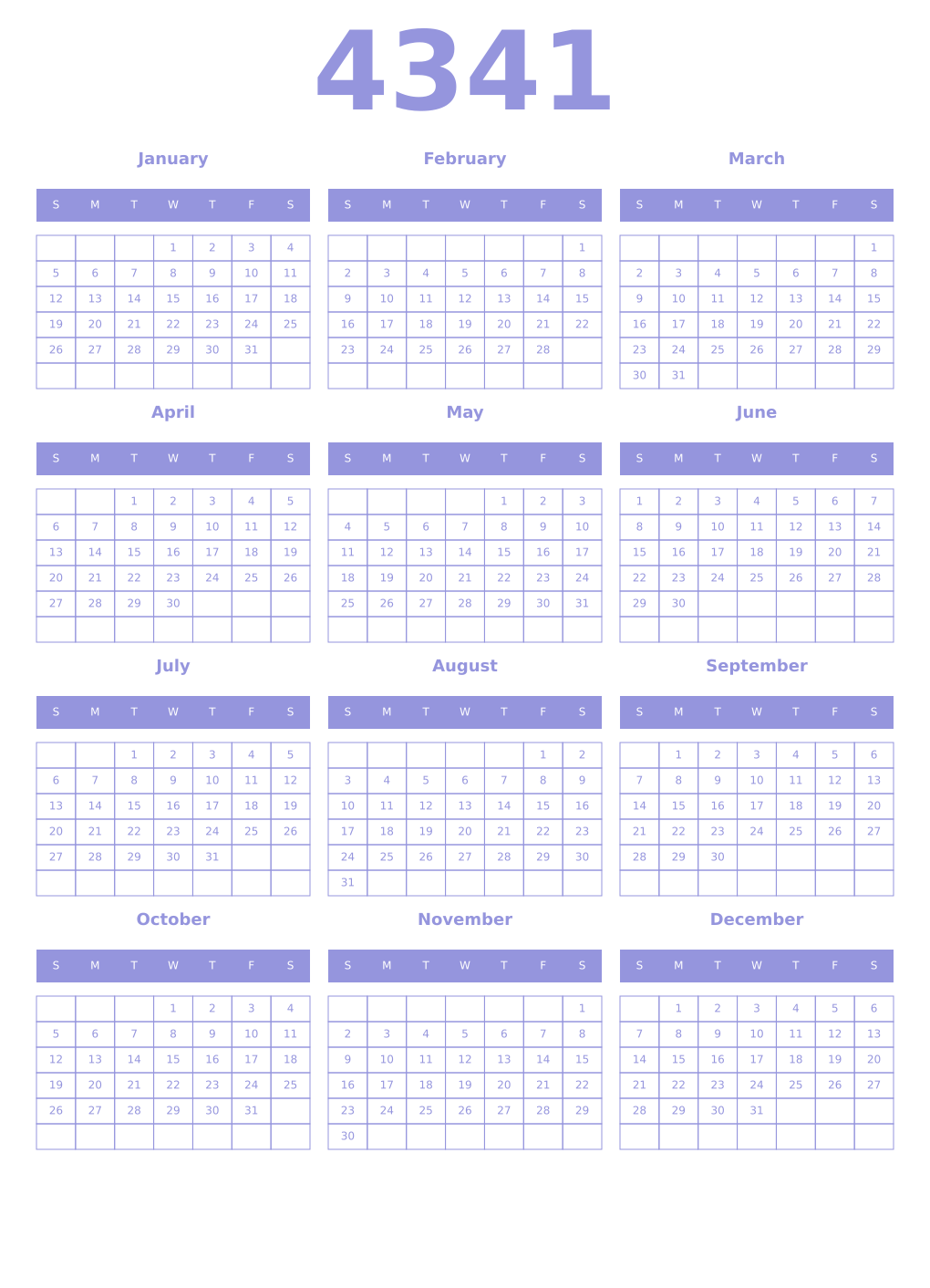 Printable 4341 Year Calendars periwinkle
