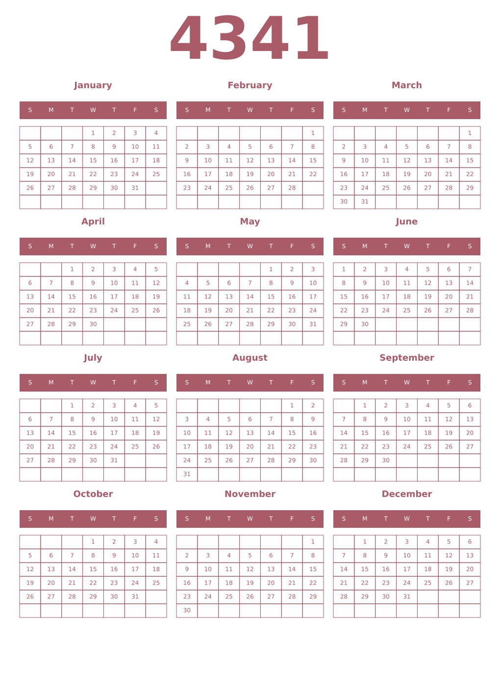Printable 4341 Year Calendars puce