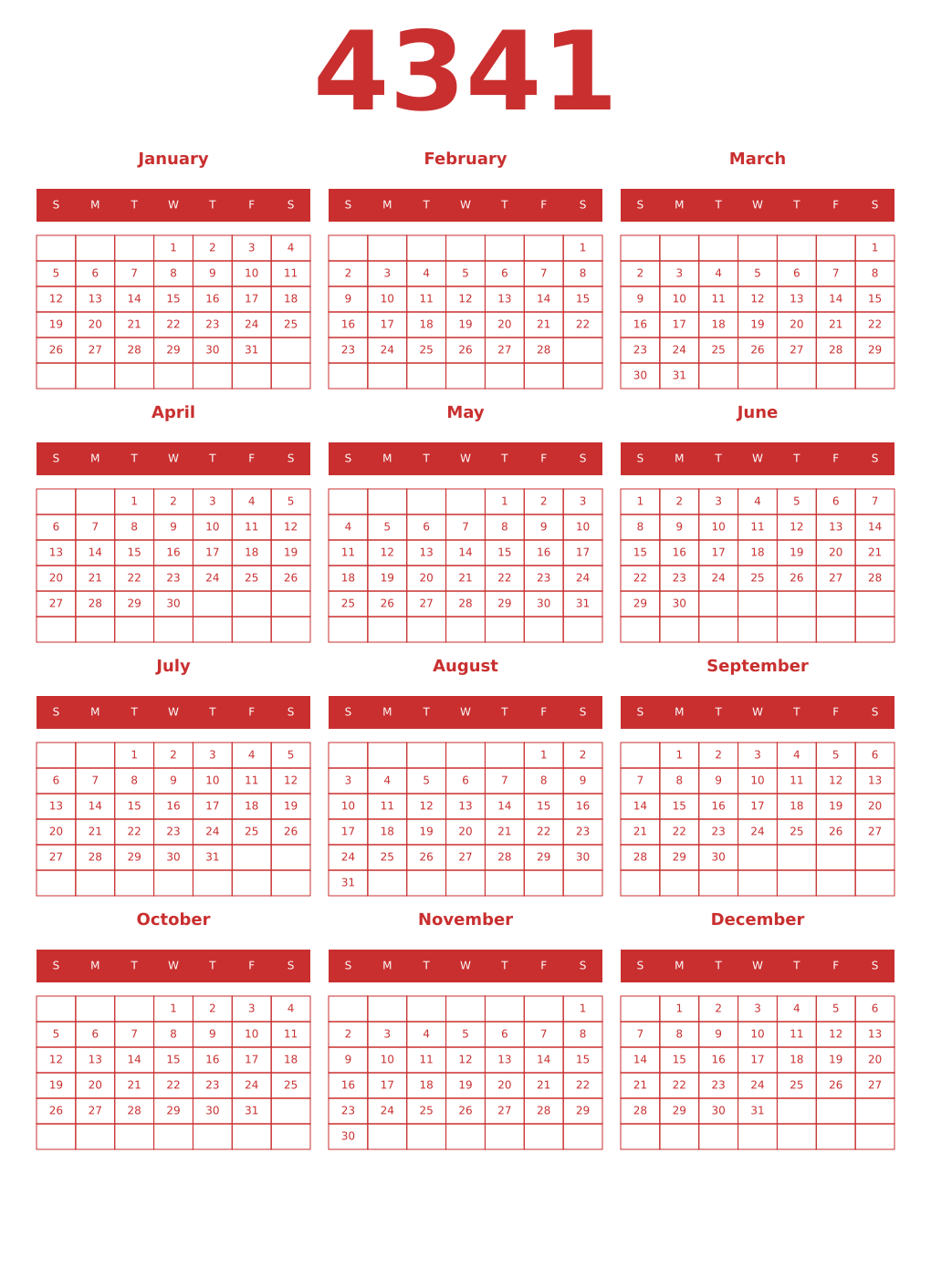 Printable 4341 Year Calendars red