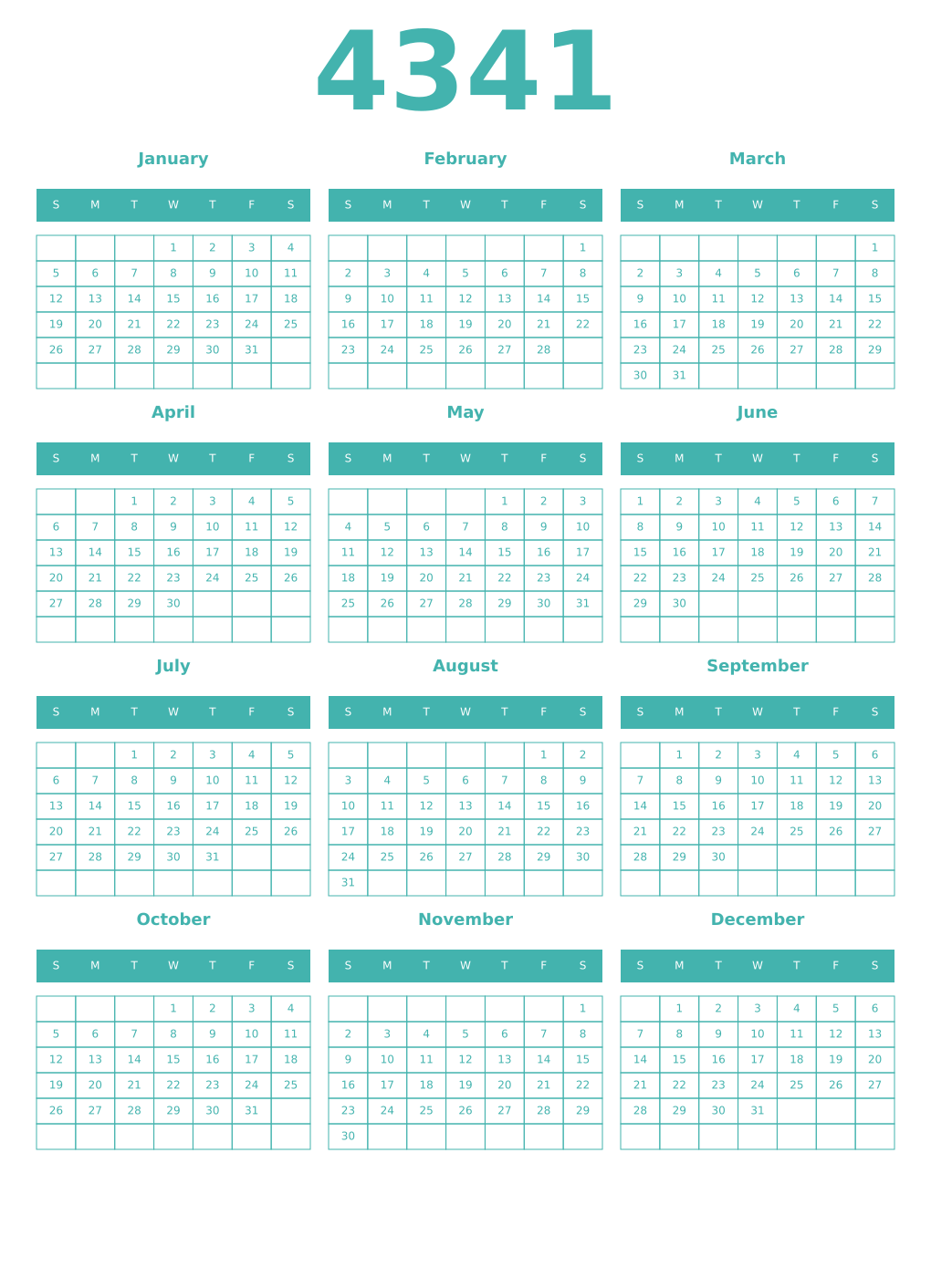 Printable 4341 Year Calendars verdigris