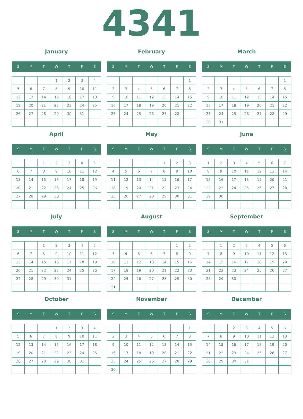 Printable 4341 Year Calendars viridian