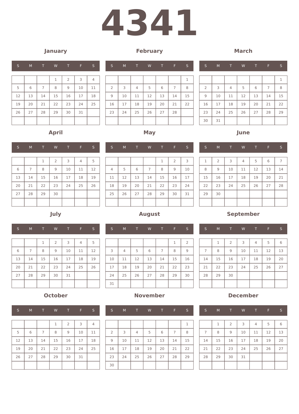 Printable 4341 Year Calendars wenge