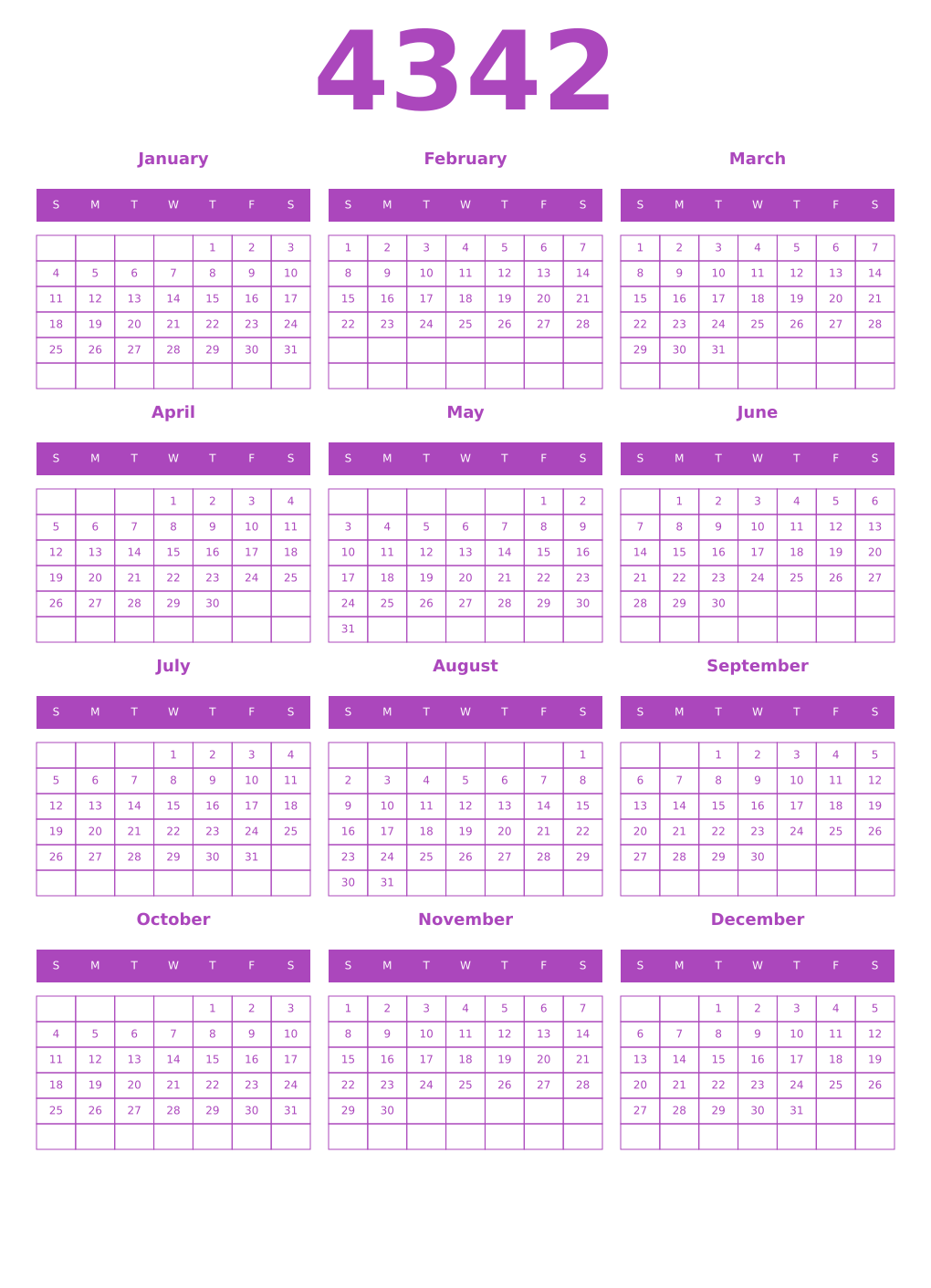 Printable 4342 Calendars