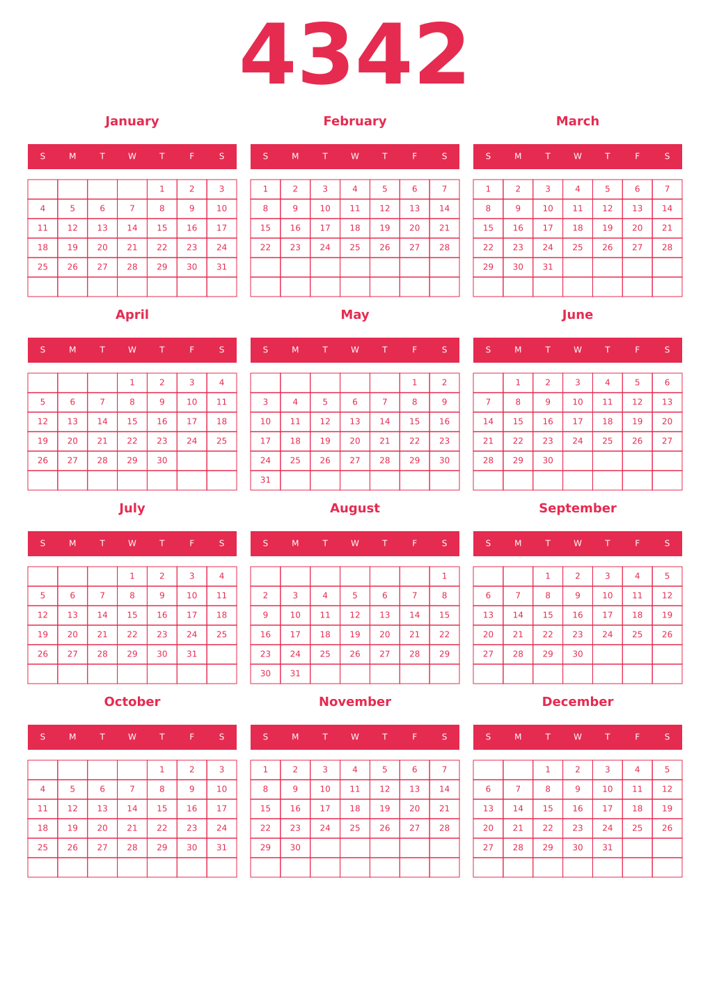 Printable 4342 Year Calendars amaranth