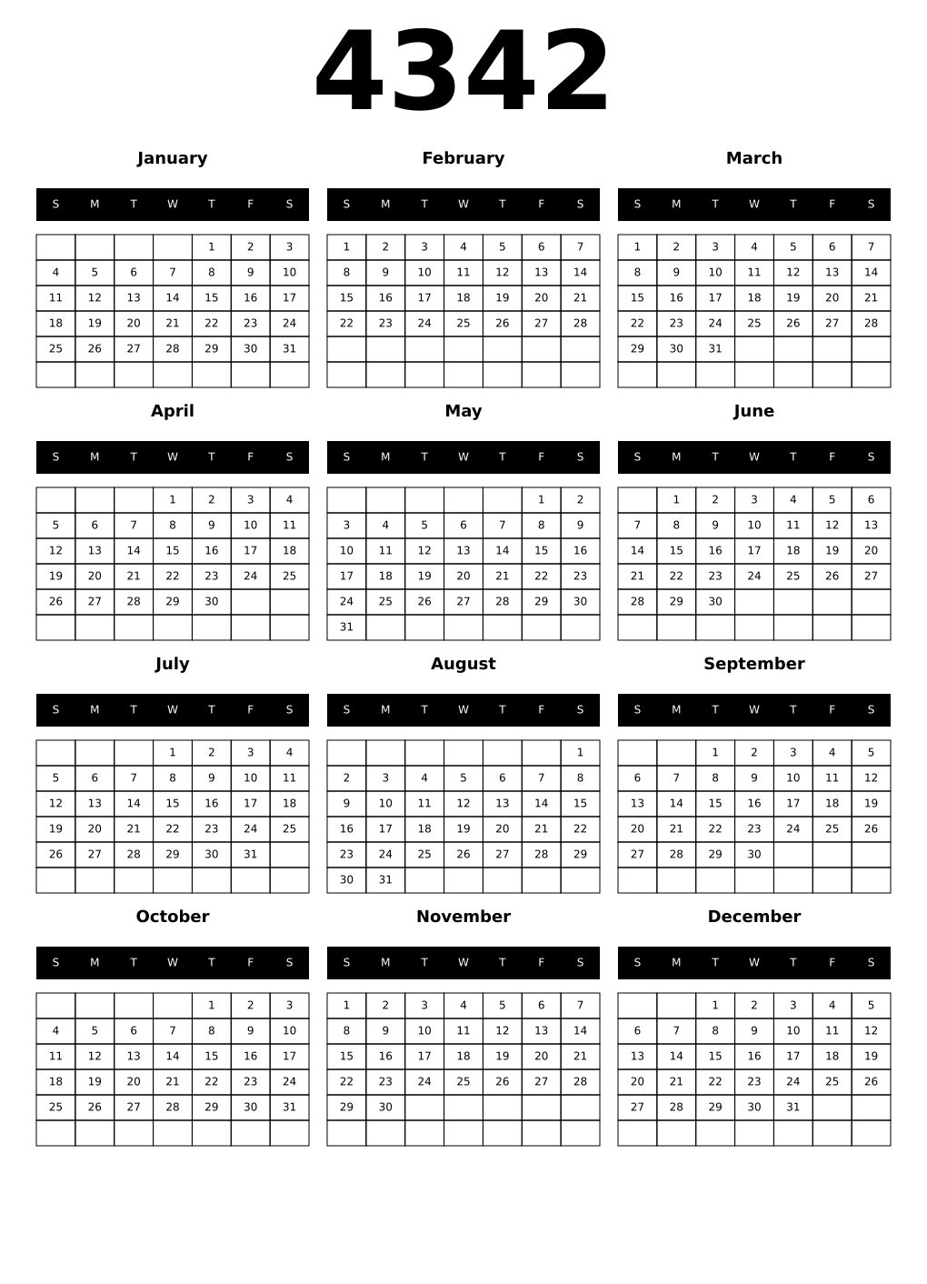 Printable 4342 Year Calendars black
