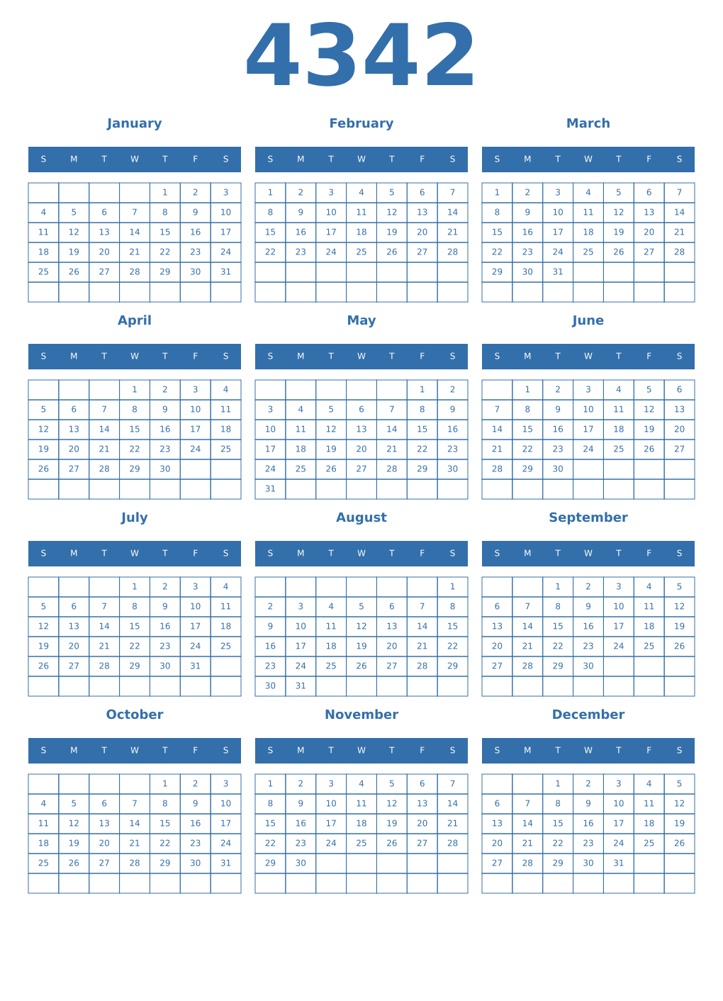 Printable 4342 Year Calendars blue