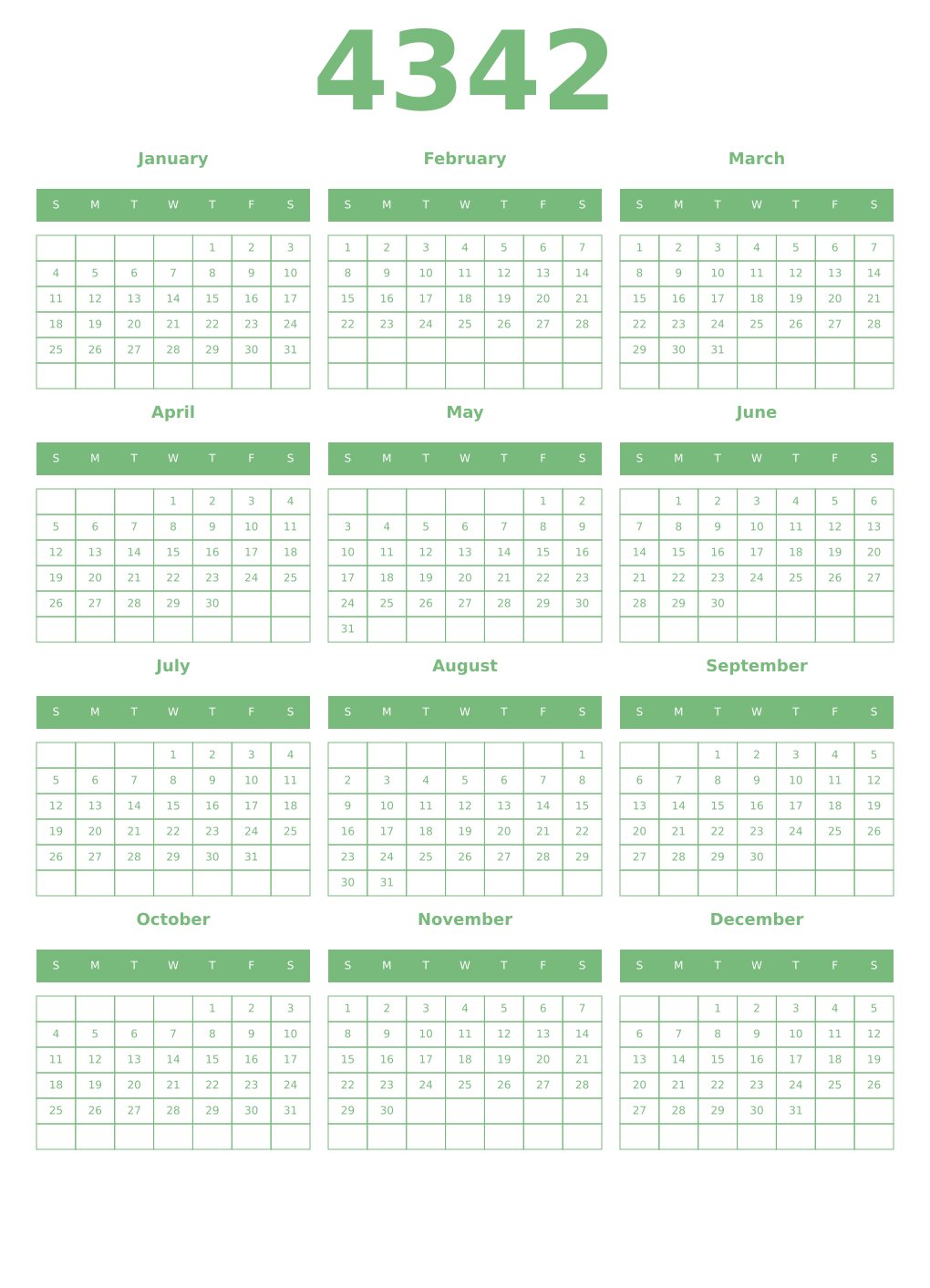 Printable 4342 Year Calendars celadon