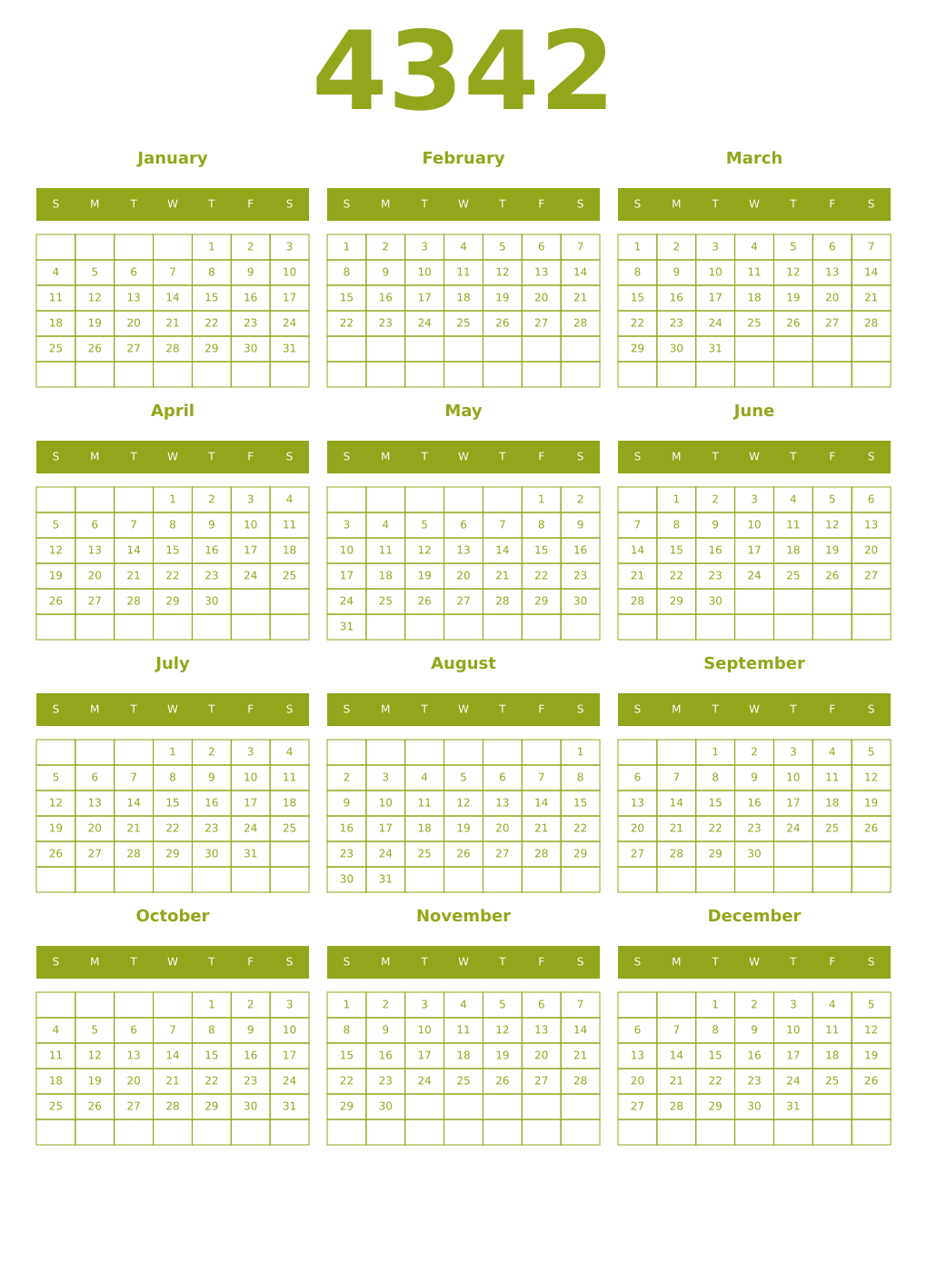 Printable 4342 Year Calendars chartreuse