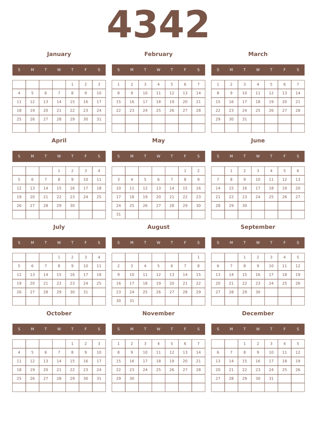 Printable 4342 Year Calendars coffe