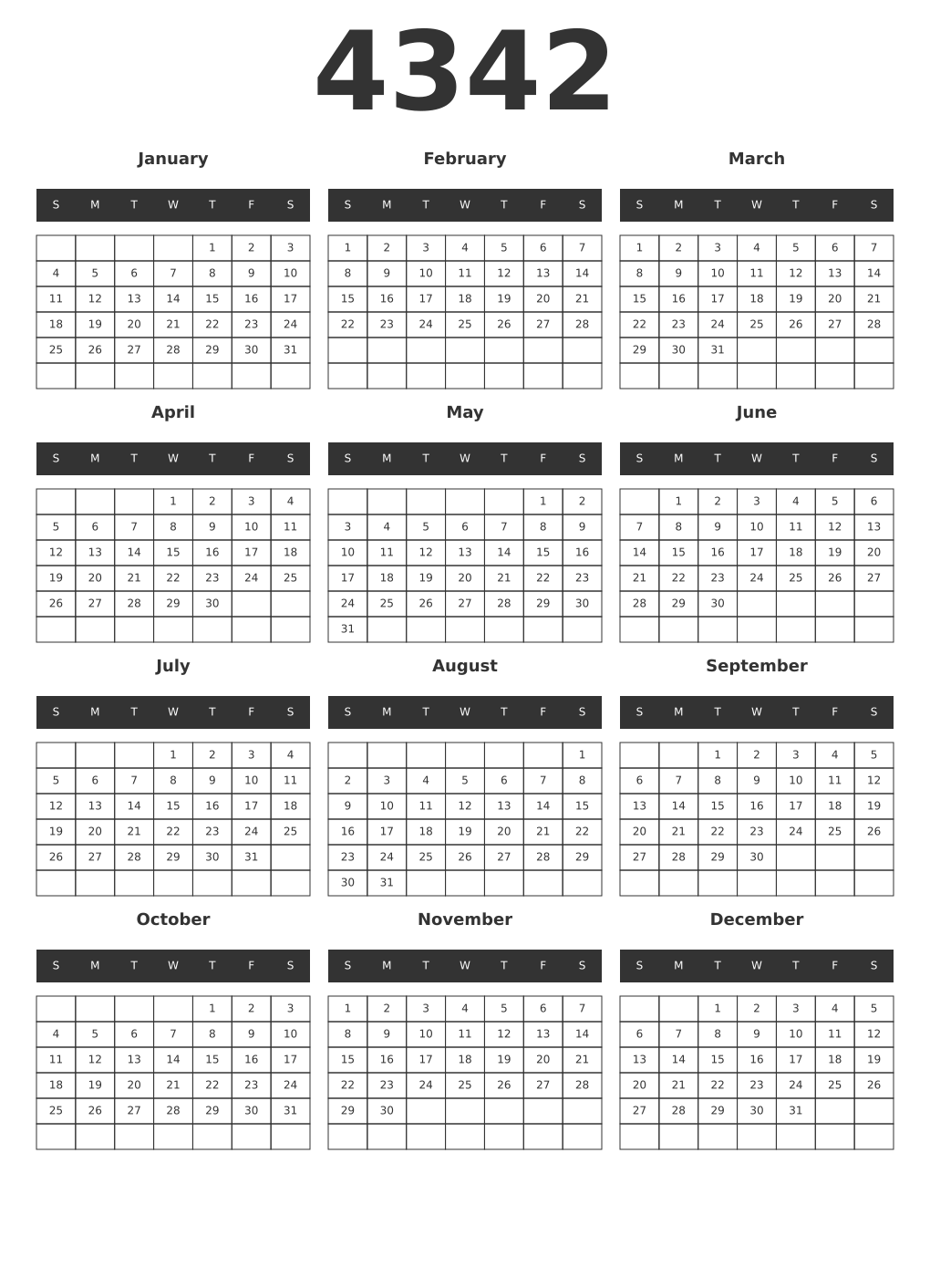Printable 4342 Year Calendars dark