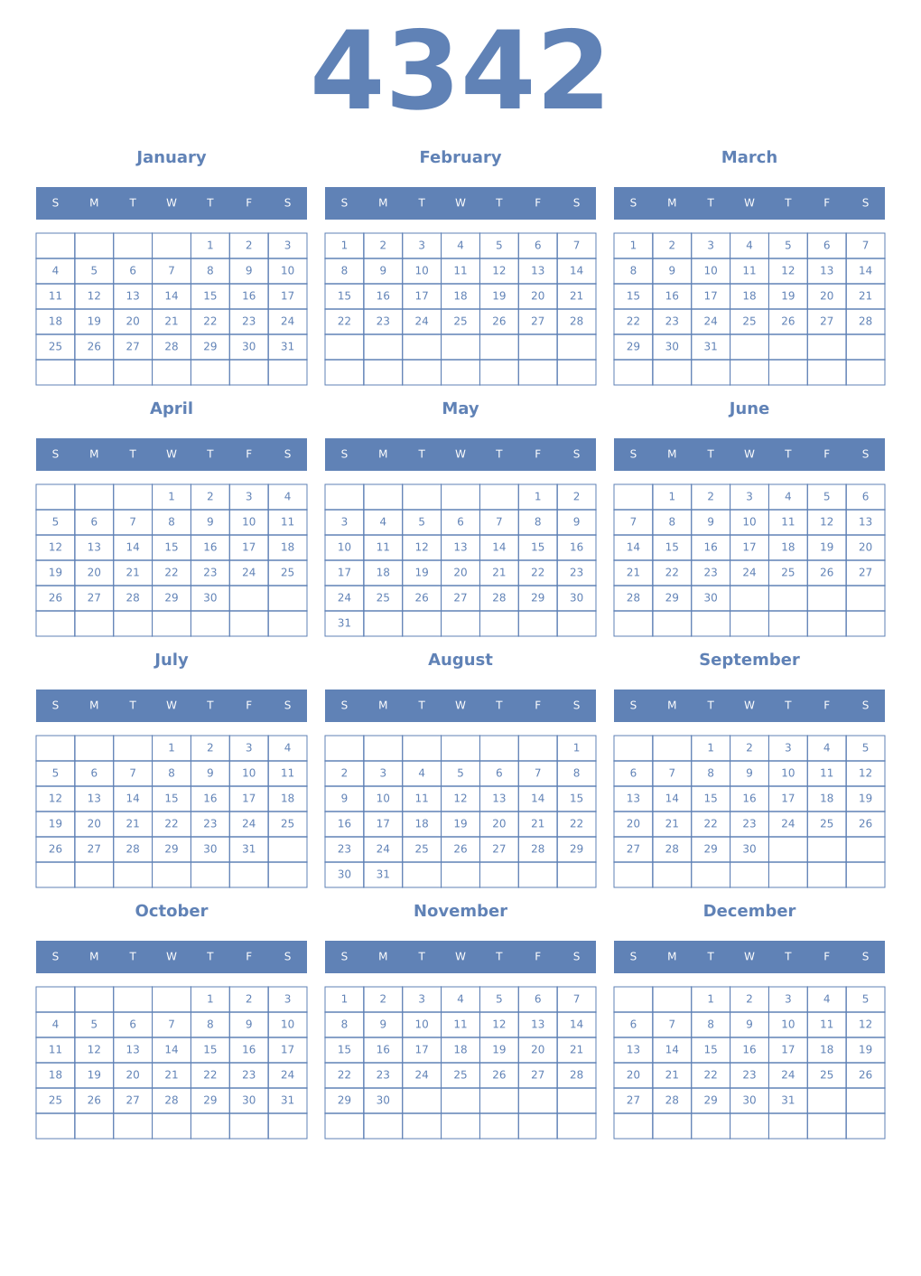 Printable 4342 Year Calendars glaucous