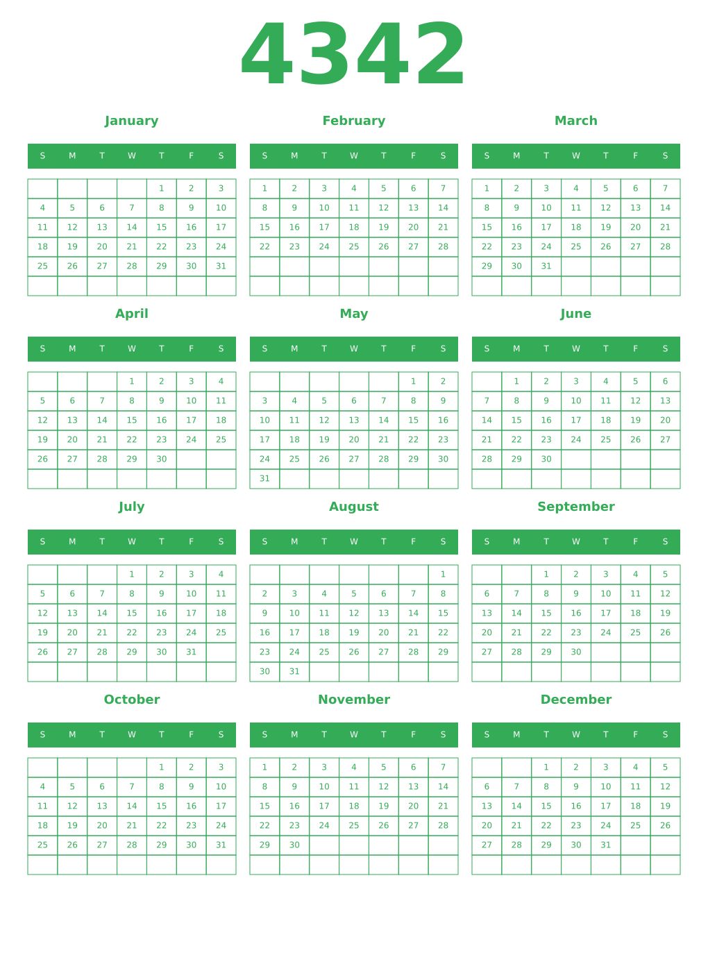 Printable 4342 Year Calendars green